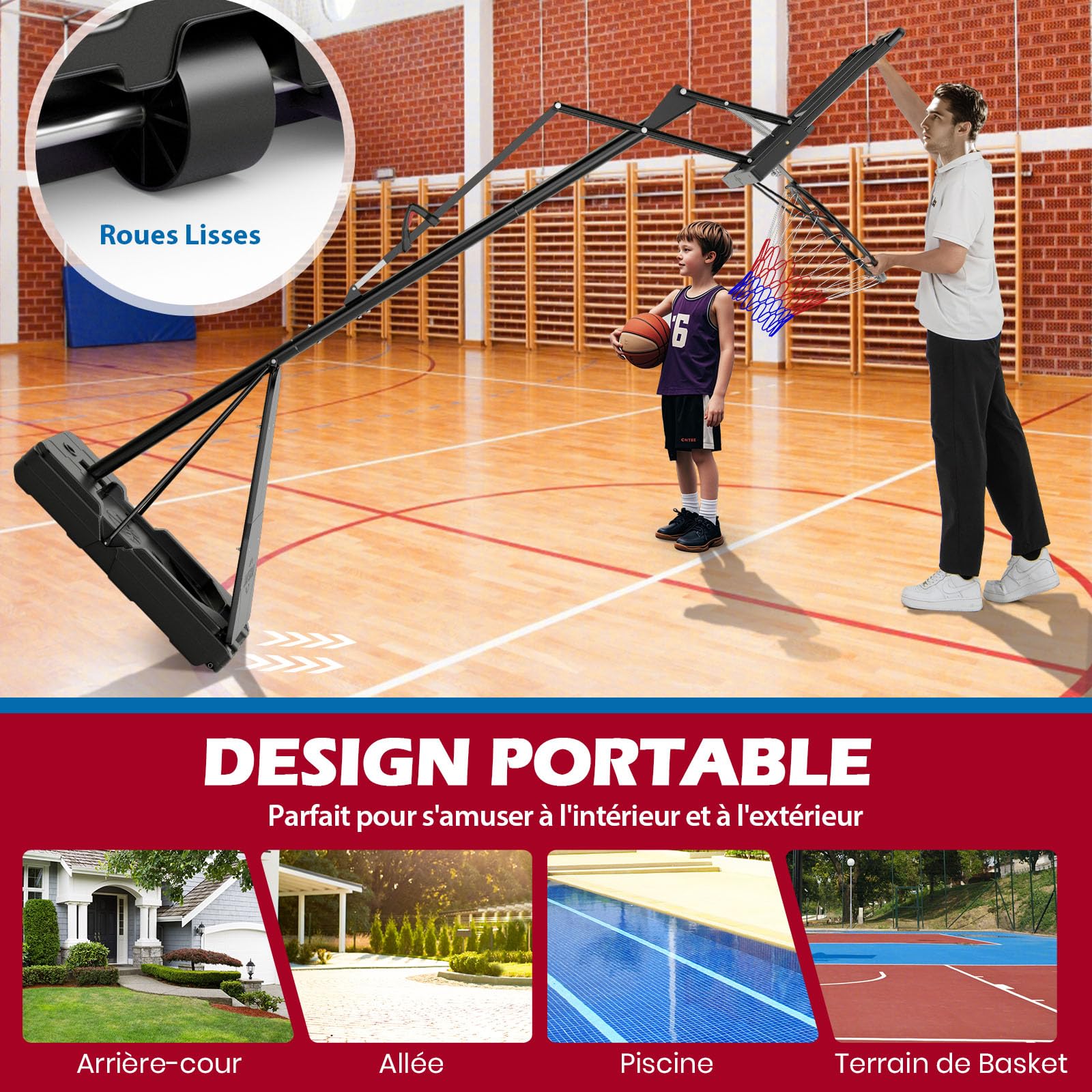 GYMAX Panier de Basketball Extérieur et Intérieur Mobile, Hauteur Ajustable 150-305cm sur 10 Niveaux, Base Remplissable d'eau et de Sable, Structure Stable Triangulaire, pour Enfants et Adultes