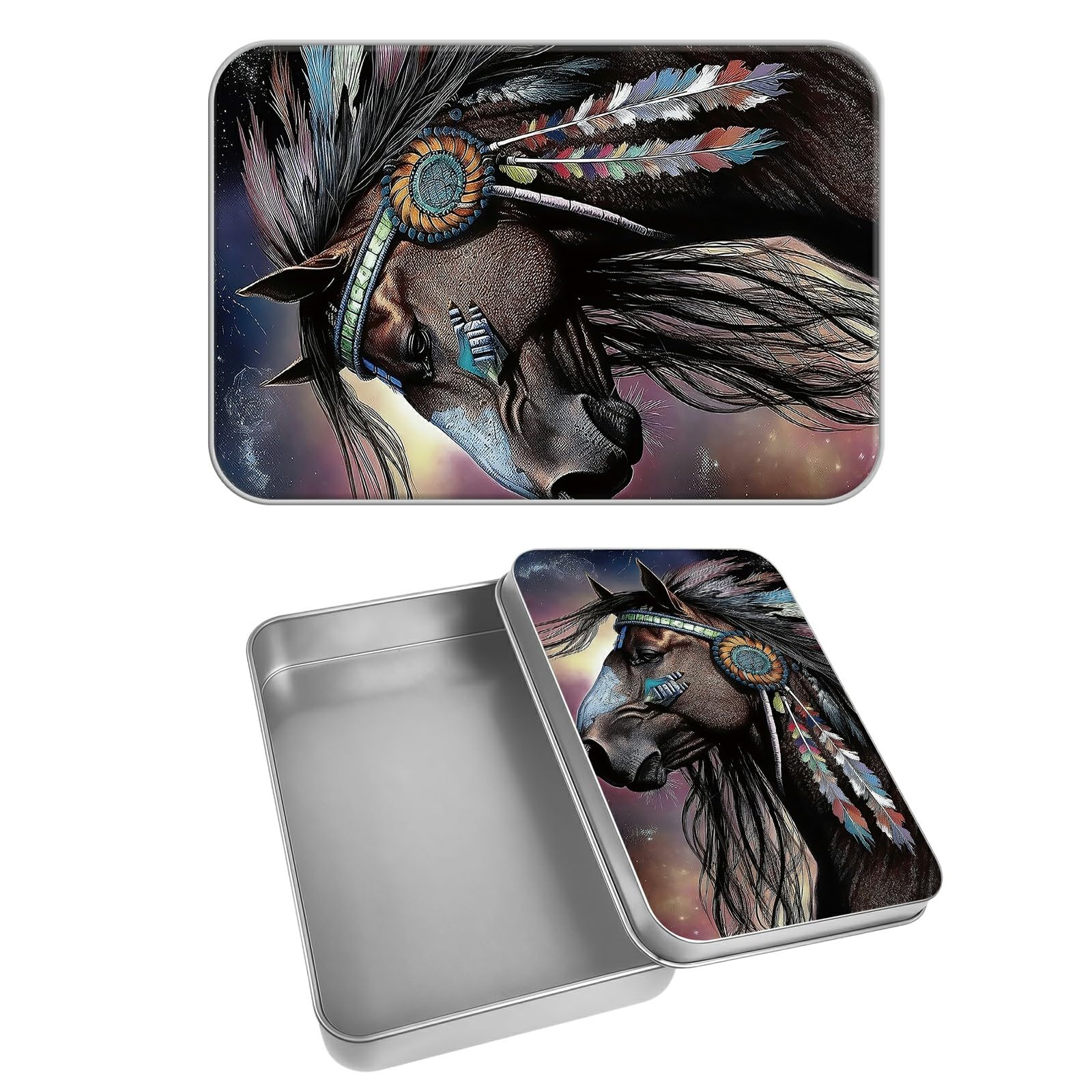 Rectangular Metal Tin Box with Removable Lid, Indian Horse Decorative Printed Metal Storage Container for Cash Ticket Credit Card Check 3.46 x 2.36 x 0.7 inch– Single Pack
