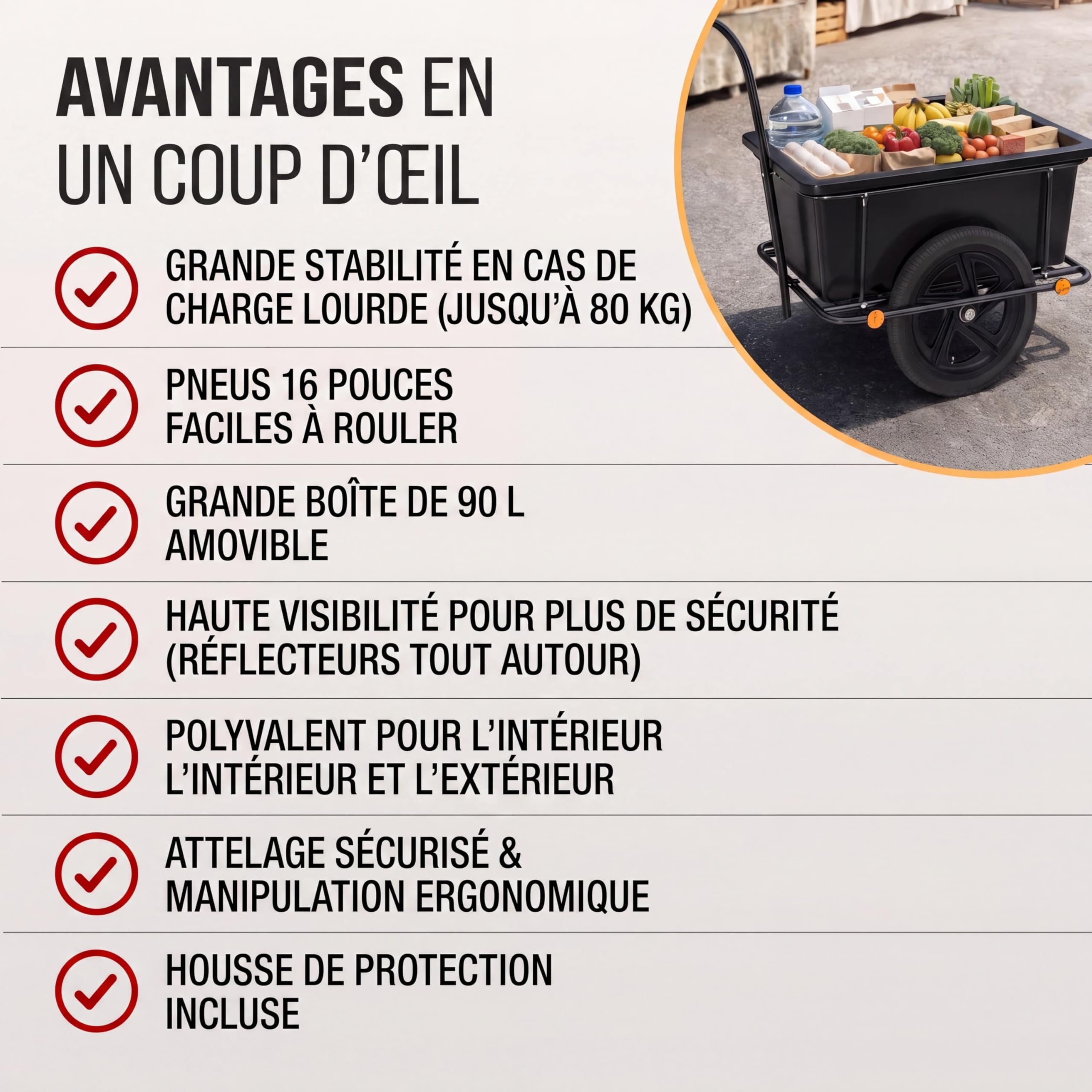 MONZANA Remorque Vélo Cuve 90L Amovible Bâche Barre Attelage Rotatif Réflecteurs Transport Chariot 80kg