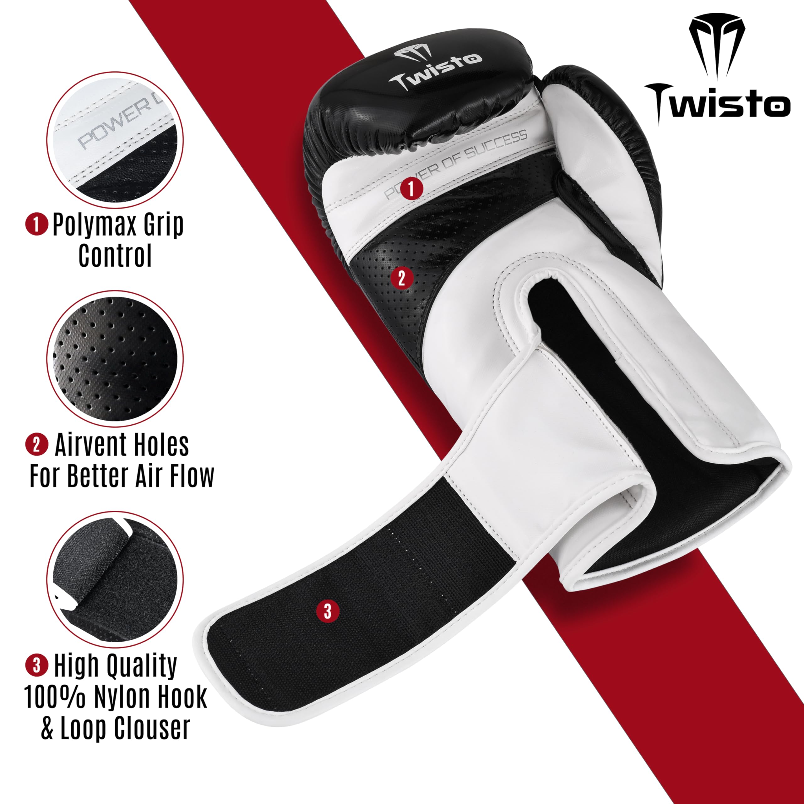 Twisto Boxing Gloves Sparring X7 (14 oz, Black/White), Black / White - Image 3