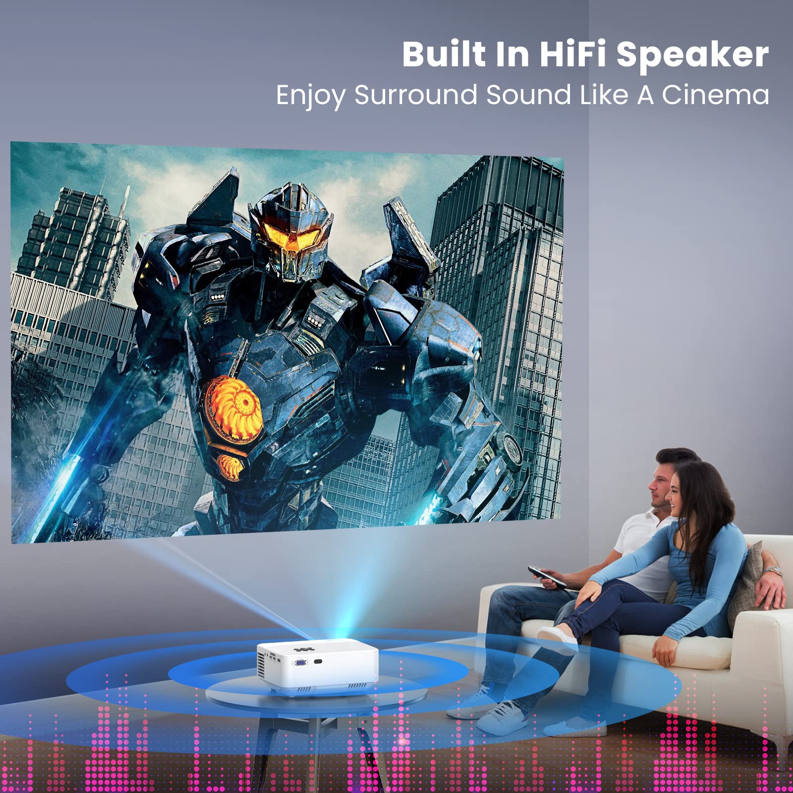 HOPVISION Mini vidéoprojecteur - 7500 lumens, 1080p Full HD, LCD, Home cinéma, extérieur, USB & HDMI, Portable, écran 240", Lampe de 60 000 h