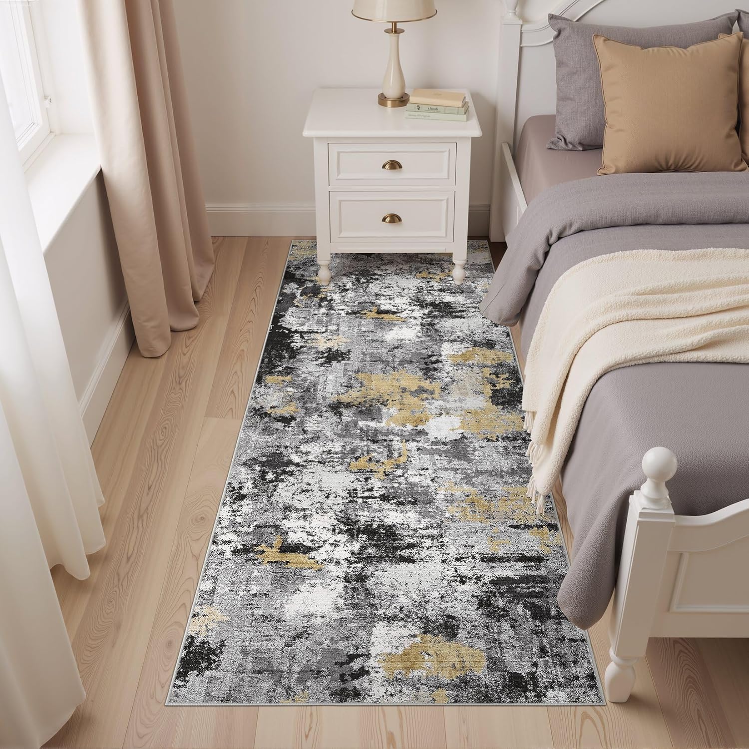 Abstract 2x6 Runner Rug: Machine Washable Non Slip Ultra Thin Low-Pile Carpet, Soft Stain Resistant for Hallway Kitchen Bathroom, Kid Pet Friendly, Robot Vacuum Compatible - Black Gold