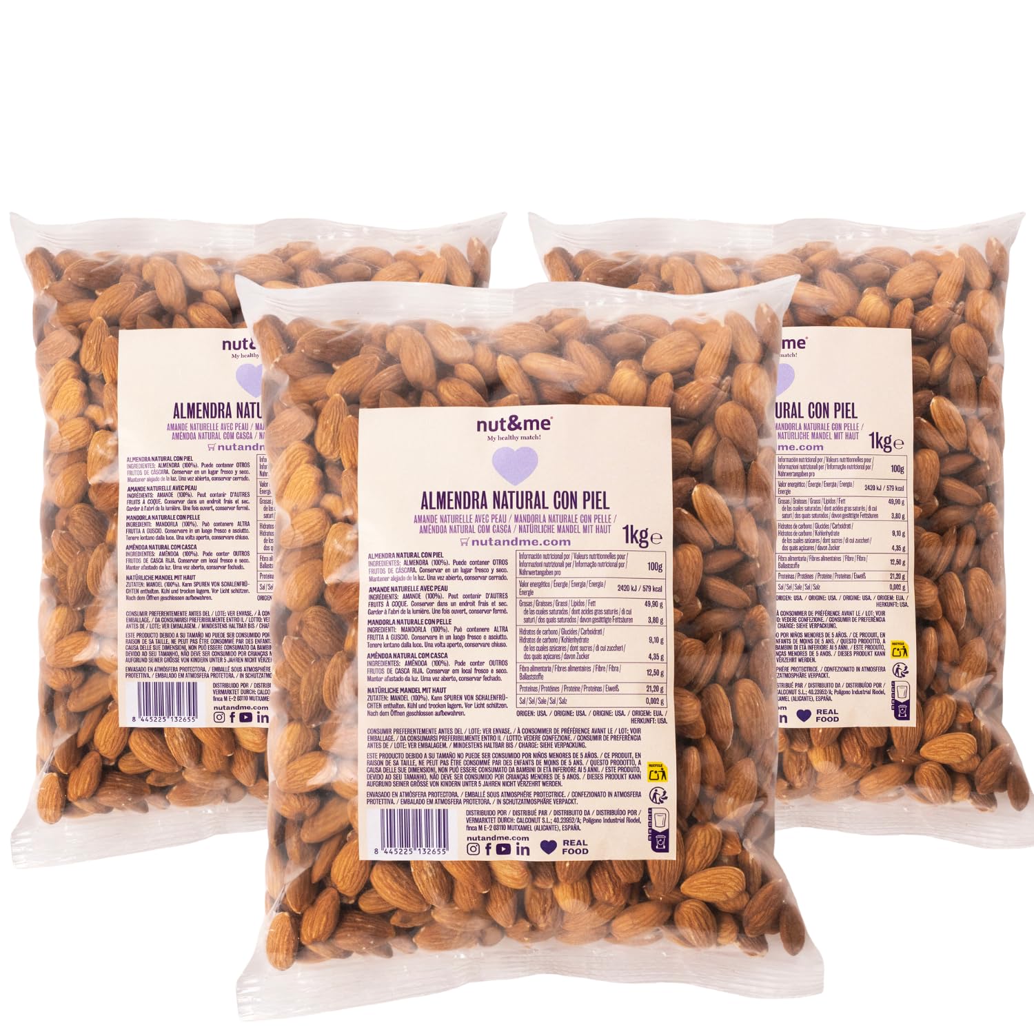 Amandes décortiquées PREMIUM 3 kg nut&me | Amandes naturelles | Crues pelées | Sans sel | Source de protéines | Haute teneur en fibres | Sans gluten | Pack 3 x 1 kg