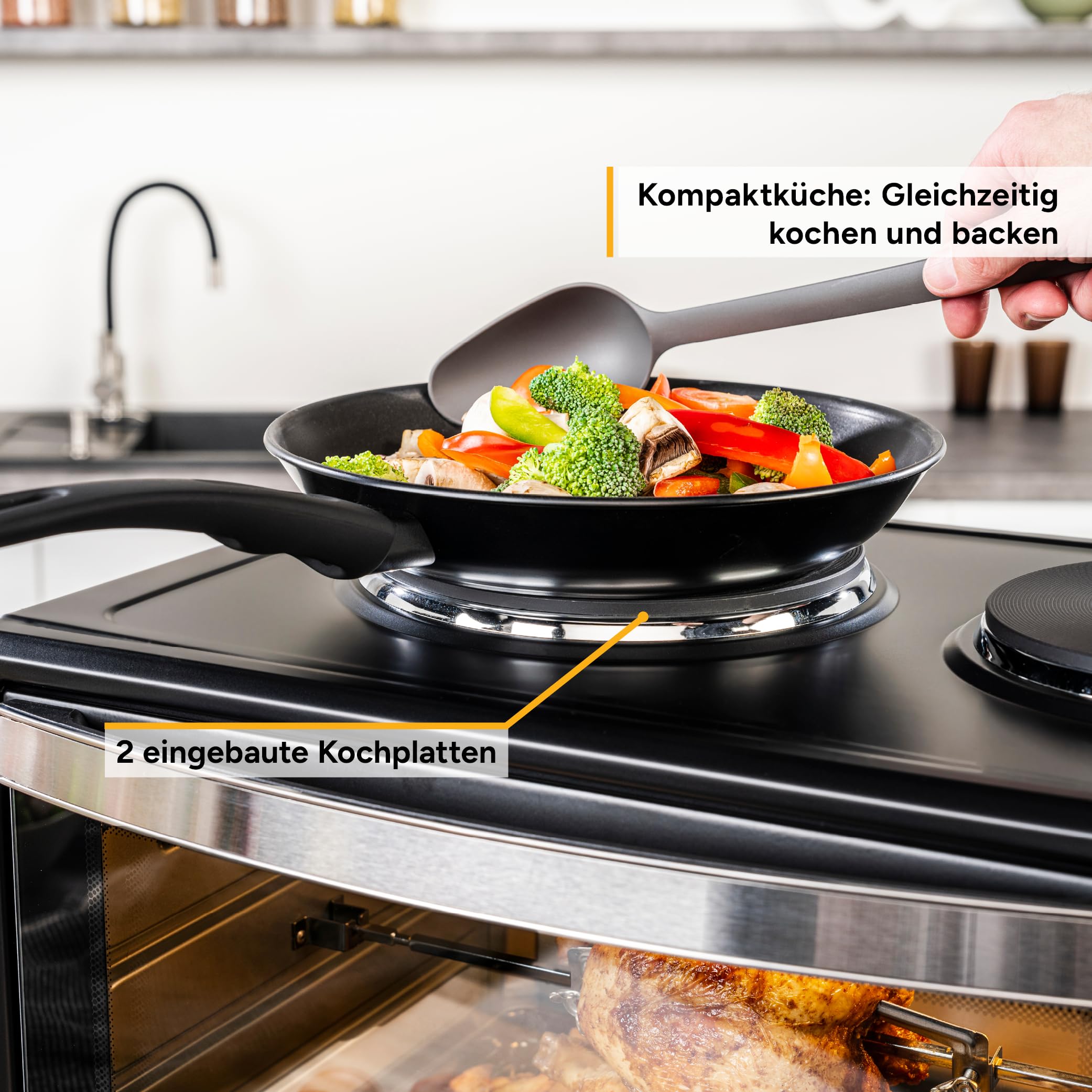 TZS First Austria - Minibackofen mit Kochplatten 60L 3200 W - Mini Backofen Pizzaofen mit Herdplatten bis 230°C & 6 Heizmodi - Miniofen Kombigerät mit 4 Einschubhöhen & hochwertigem Zubehör