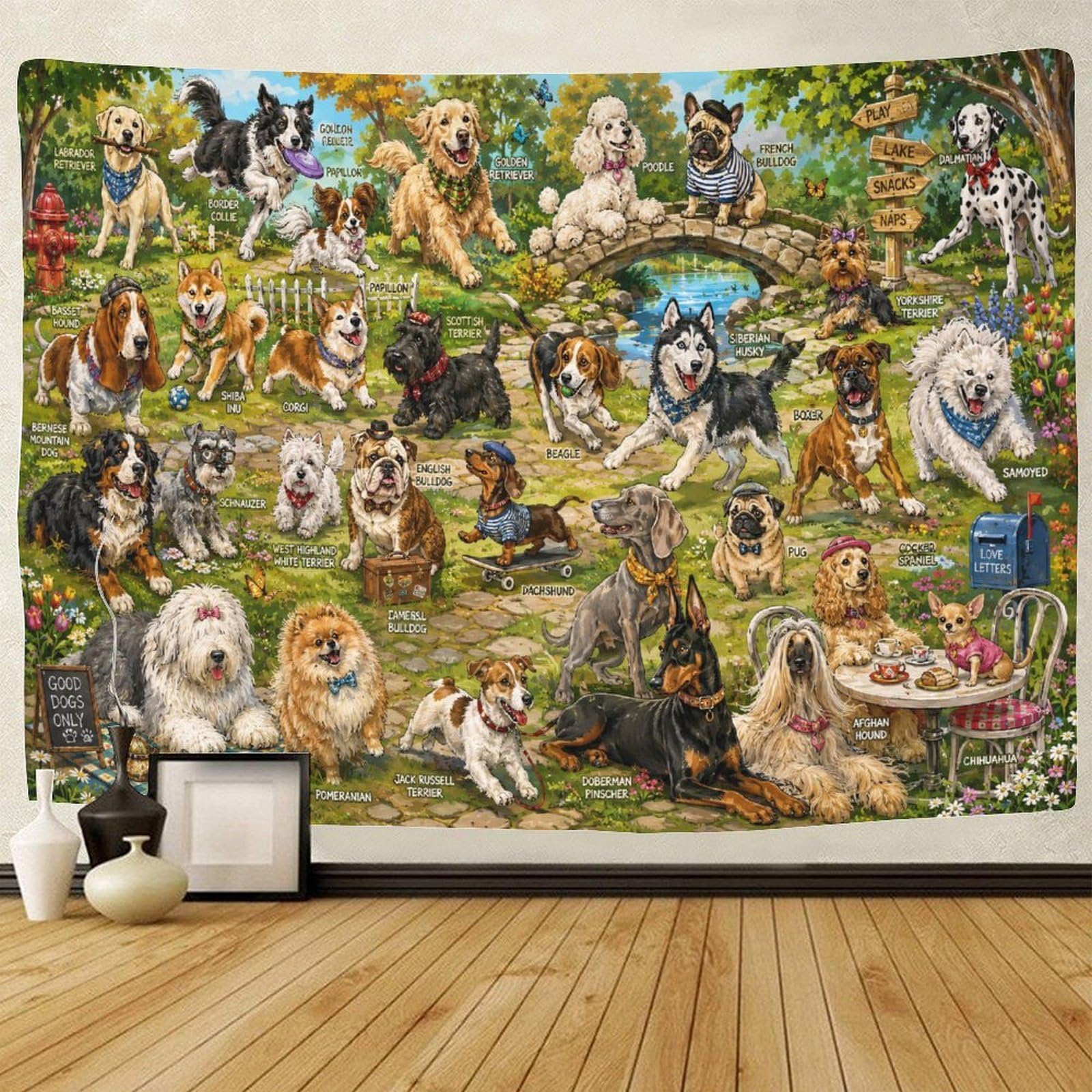 GPMNBCXZK Dog Breeds with Names Guide Wall Tapestry 3D Print Wall Art Decor Tapestries Poster Home Decoration Living Room Dorm 130cmx150cm