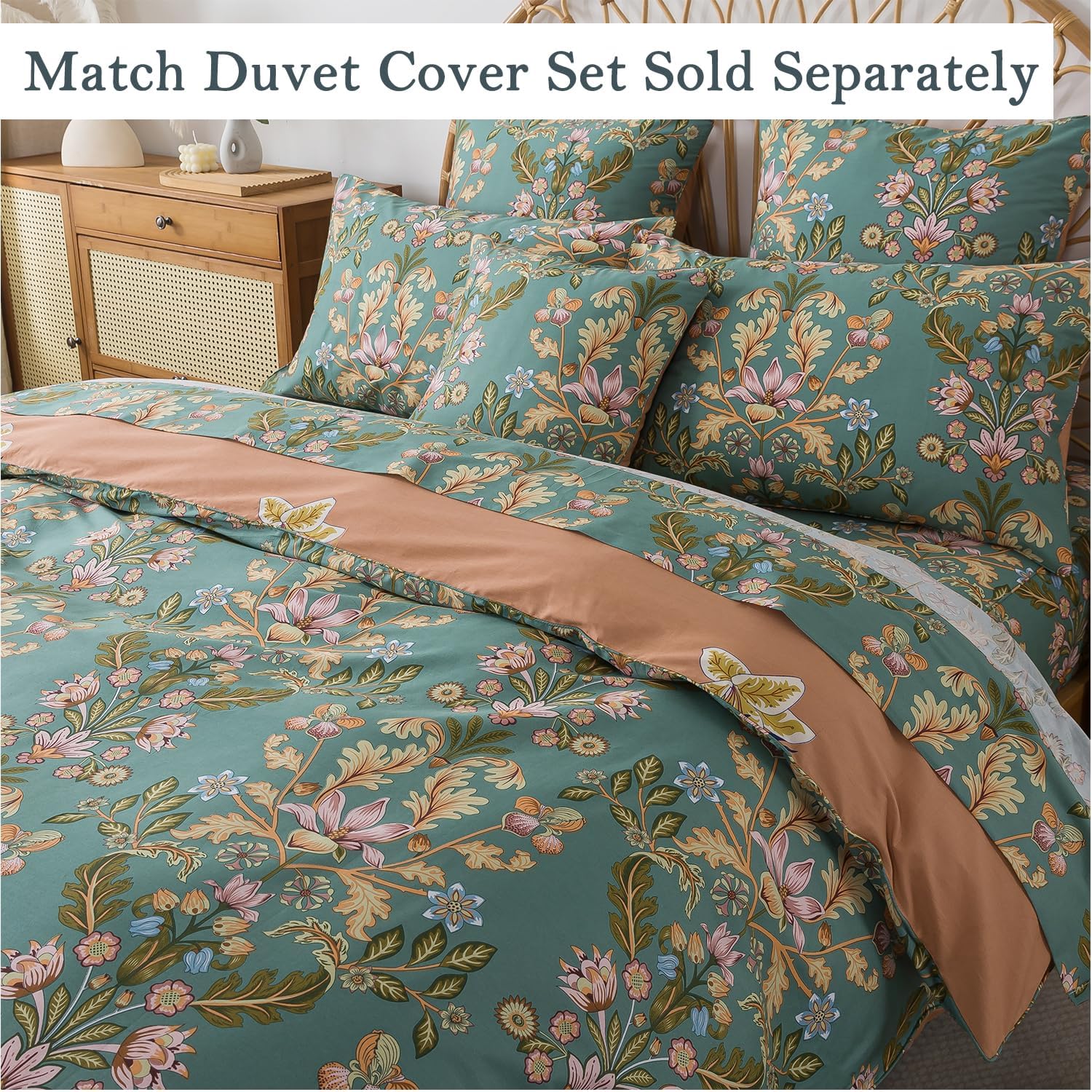 FADFAY Queen Sheet Set, Floral Sheets 4-Piece 100% Percale Cotton Bed Sheets Deep Pocket Fitted Sheet, Boho Vintage Teal Blue & Orange Country Style Bedding Soft Breathable