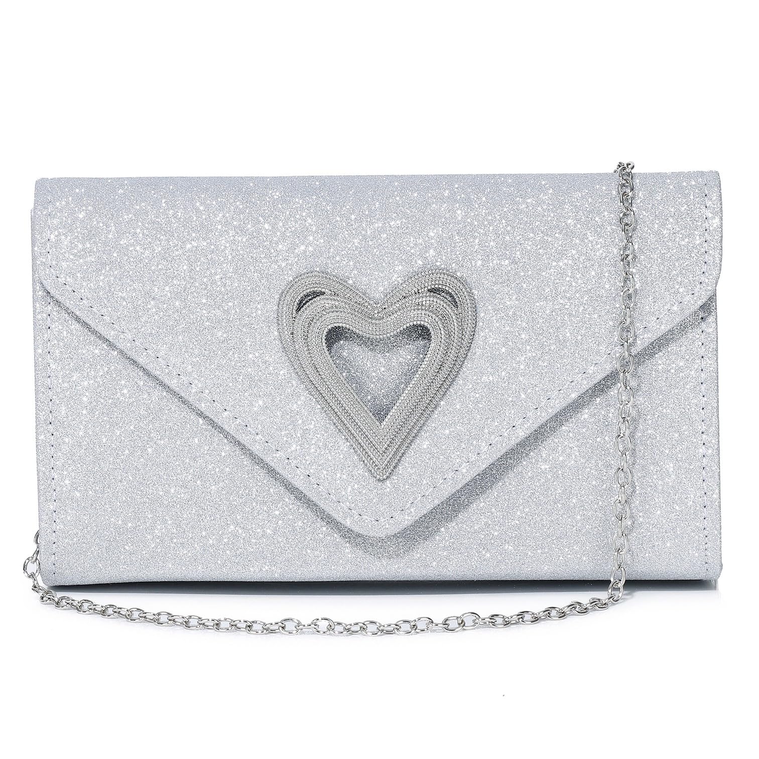 DETARA Women Heart Evening Clutch Purse Shiny Evening Handbag for Women Sparkly Wedding Party Prom Purse Dressy Clutch Bags (A1398 Silver)