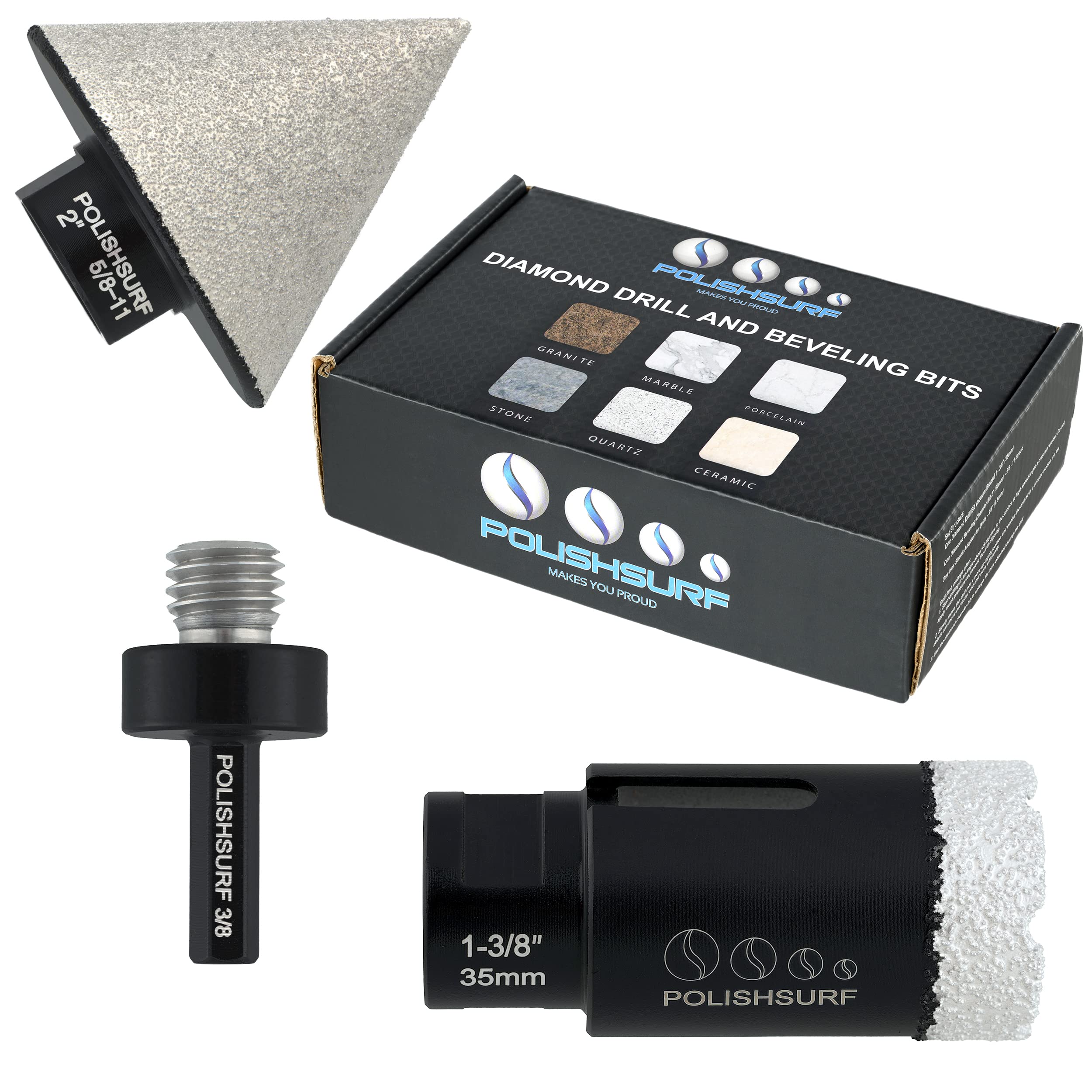 Diamond Core Drill Bits 1-3/8 Inch and Beveling Chamfer Bits 2 Inch Kit Vacuum Brazed Hole Saw with 5/8-11 Thread Plus 3/8 Inch Hex Shank Adapter (Set-2 with 1-3/8" (35mm) Diamond Core Drill Bit)