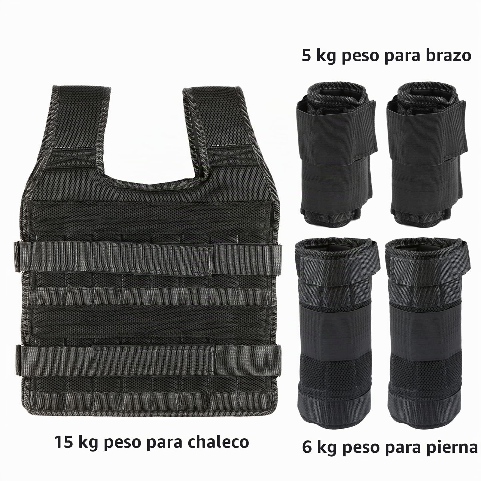 Chaleco de Pesas de 35 Kg con Pesas de 6 Kg para Piernas y Brazos de 5 Kg, Chaleco de Entrenamiento Ajustable con 32 Bolsillos, Tejido de Malla, Correas para los Hombros que (15KG)