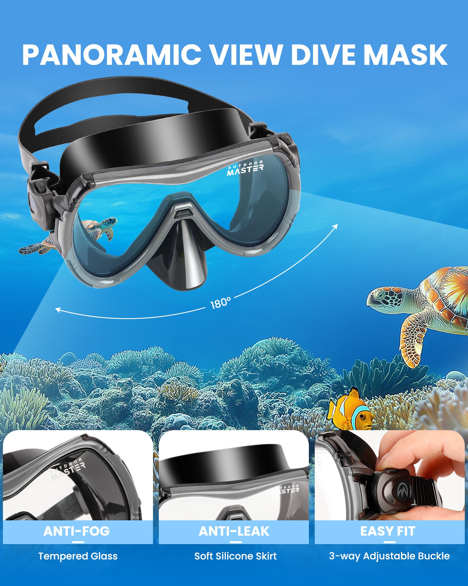 OutdoorMaster Mobula Snorkeling Gear for Adults,Mask Fins Snorkel Set with Panoramic View Anti-Fog, Dry Top Scuba Gear for Swimming Snorkeling Diving