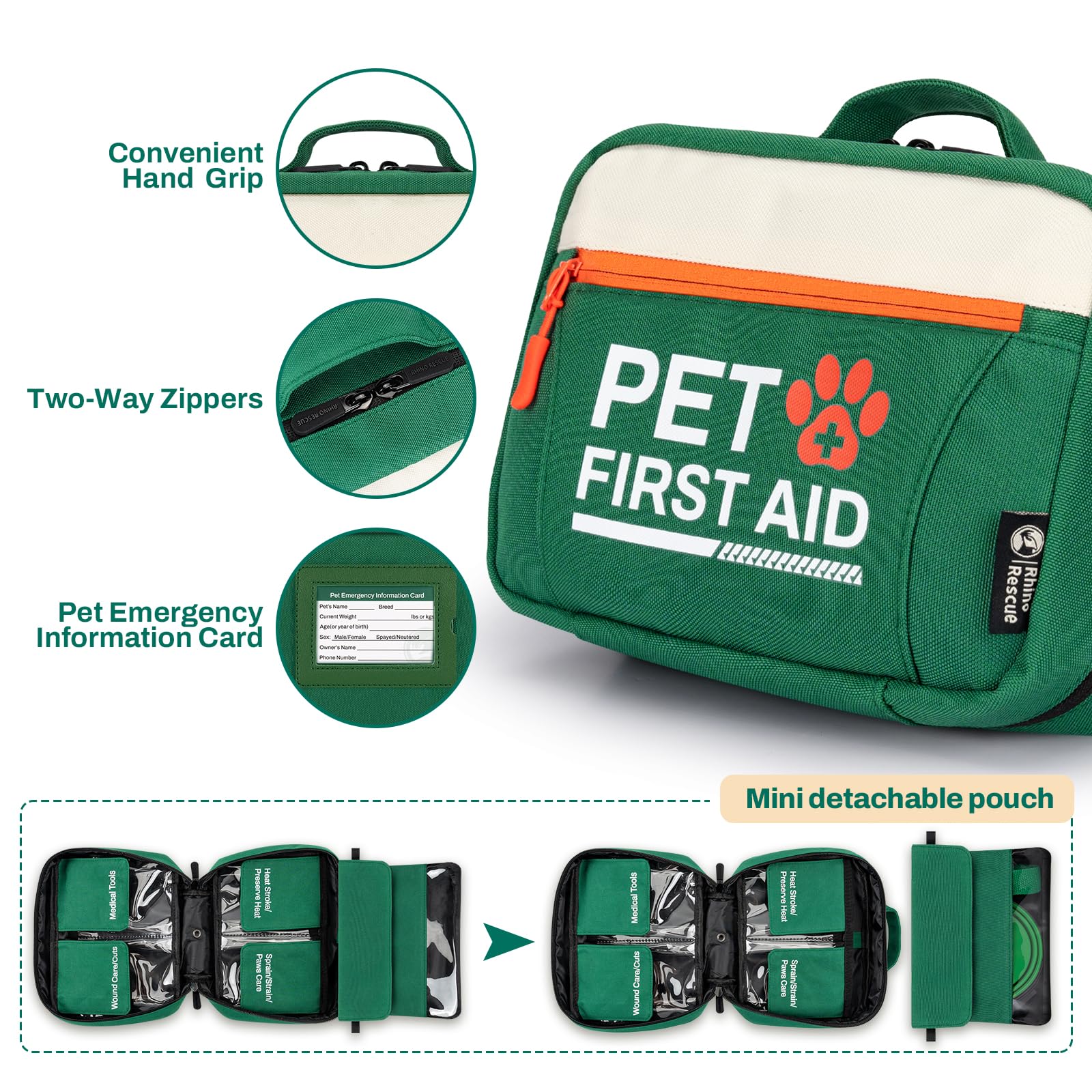 RHINO RESCUE Kit de primeros auxilios para mascotas, equipo de emergencia para perros y gatos, kit básico de seguridad con termómetro, zapatos de protección desechables para el hogar, senderismo