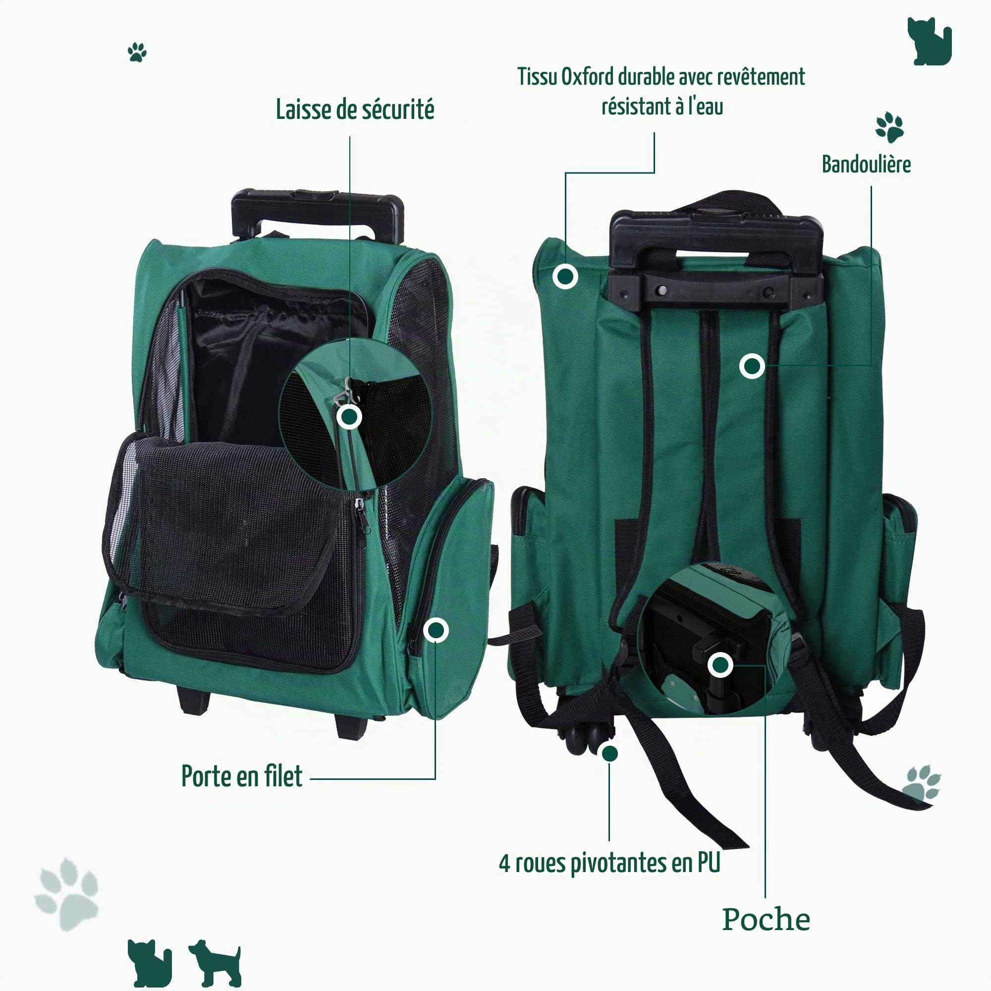 PawHut Sac à dos 2-en-1 pour animaux avec roulettes 42x25x55cm Vert