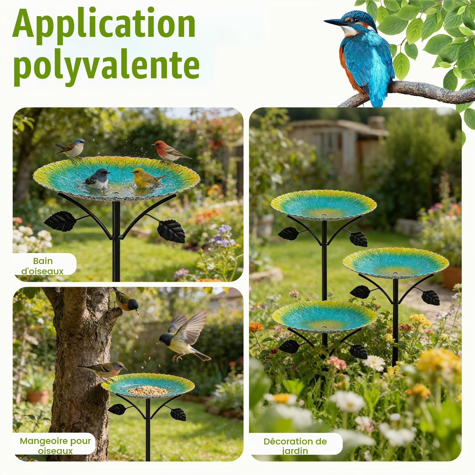 Bain d'oiseaux sur Pied, 24,5 x 83 cm, dégradé Jaune-Turquoise, avec Piquet de Fixation