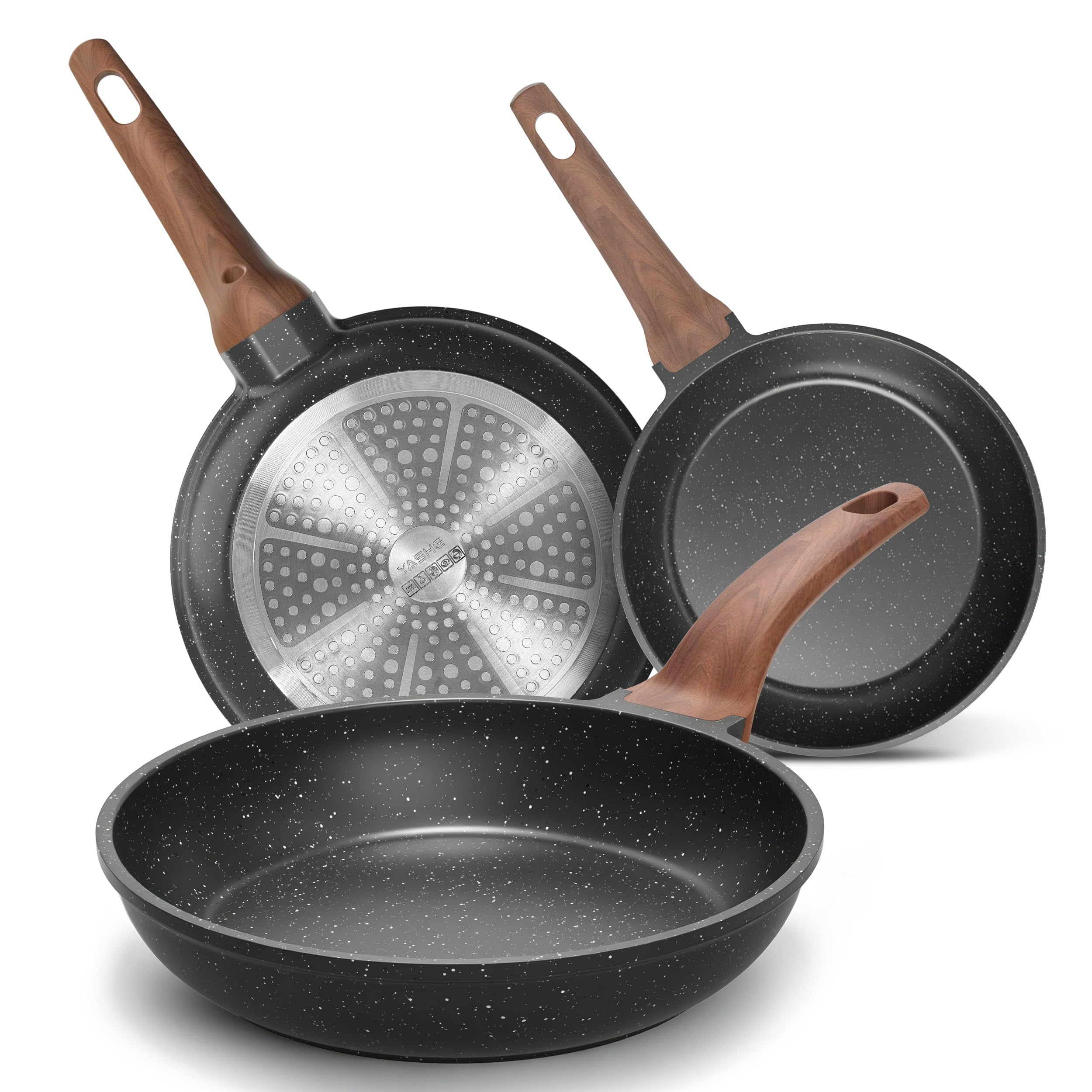 YASHE Set 3 Padelle Antiaderenti Effetto Granito(20/24/28cm), per Induzione | Set Padelle Premium per Friggere e Saltare, Non Tossico Senza PFOA, Compatibili con Tutti i Piani Cottura