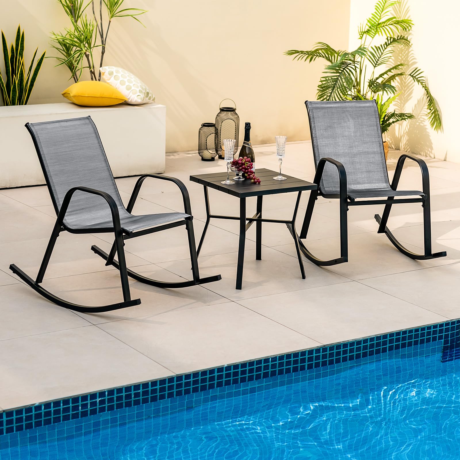 COSTWAY Chaise de Jardin à Bascule Lot de 2, Fauteuil à Bascule avec Accoudoirs, Cadre en Métal, Rocking Chair Ergonomique pour Jardin, Piscine, 91 x 62 x 86 cm (Gris)