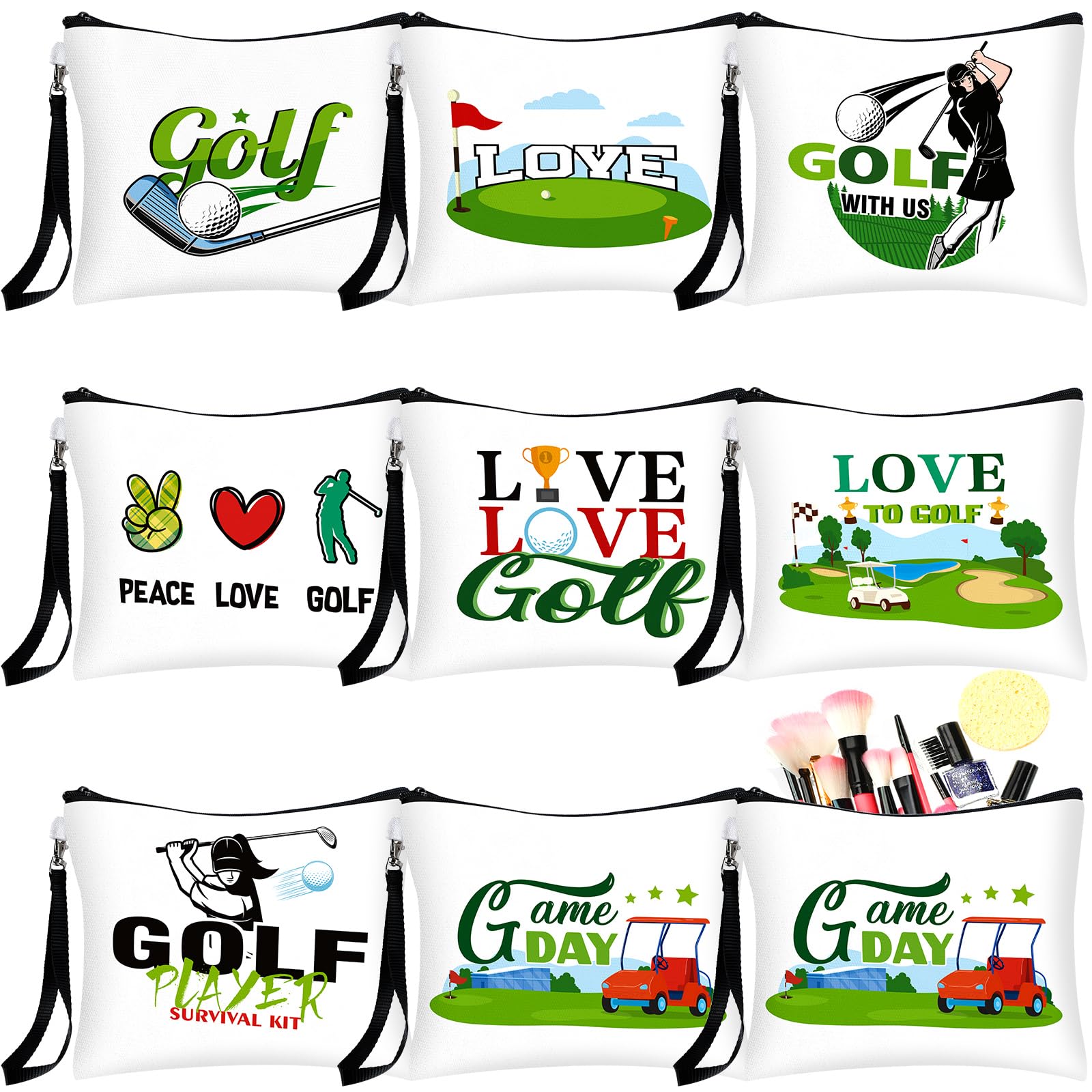 Clysee 16Pcs Golf Gifts for Women Cosmetic Bags Girls Makeup Bag Golf Zipper Pouch Accessories Toiletry Organizer, 8 Style(Novelty)