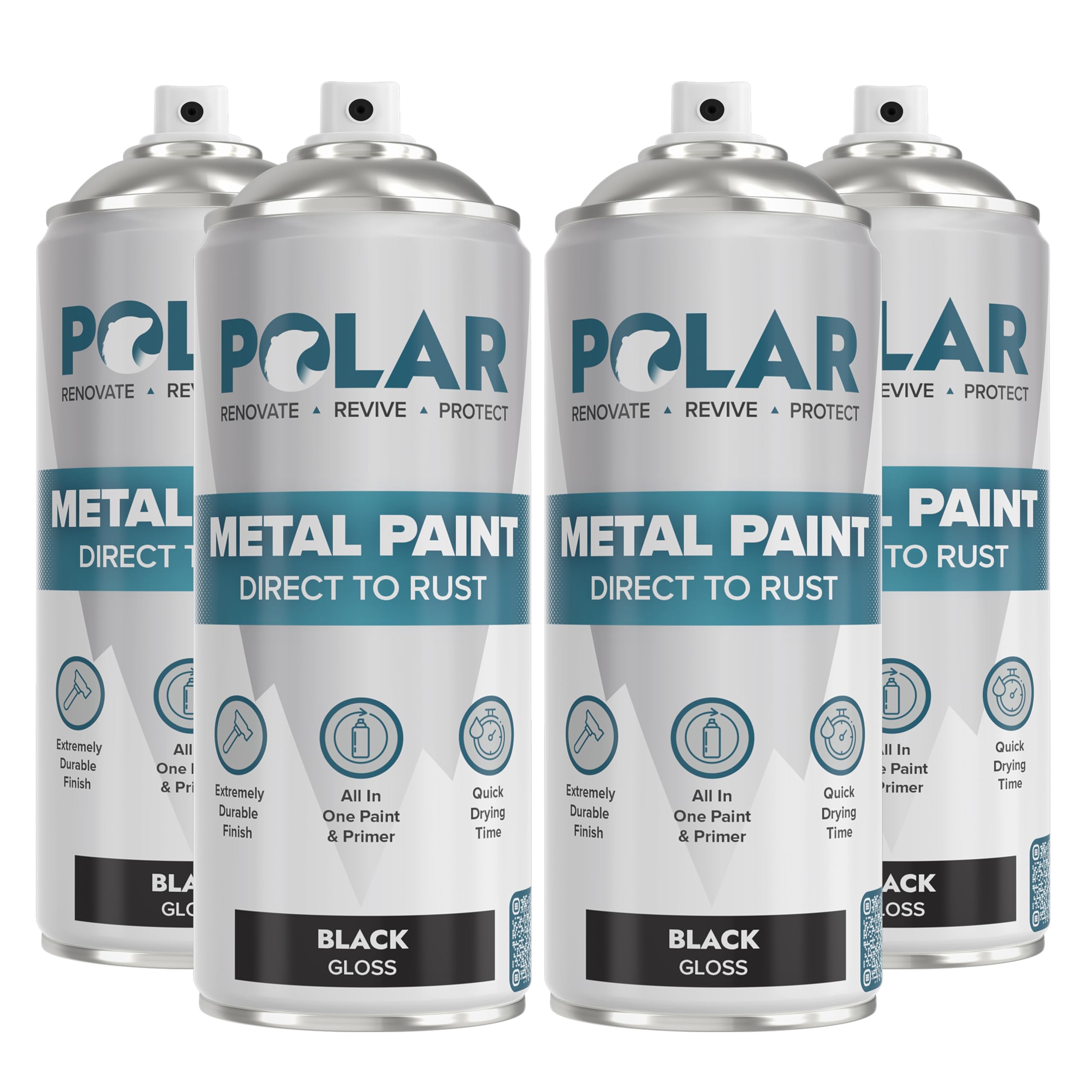 Polar Gloss Black Direct to Rust Spray Paint - 4 x 13.5 Fl Oz - Protect and Stop Rust & Corrosion - Primer, Undercoat, Topcoat - Quick Dry Formula - Ideal for Metal, Wood, Plastic and Ceramic Surfaces