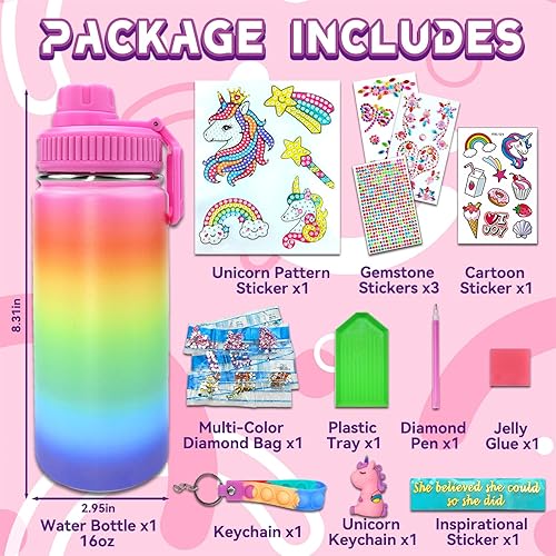 Miniatura 4 de 7july Decora tus propios kits de botellas de agua para niñas de 4 a 6 a 8 a 10 años (acero inoxidable), manualidades de pintura de diamantes con