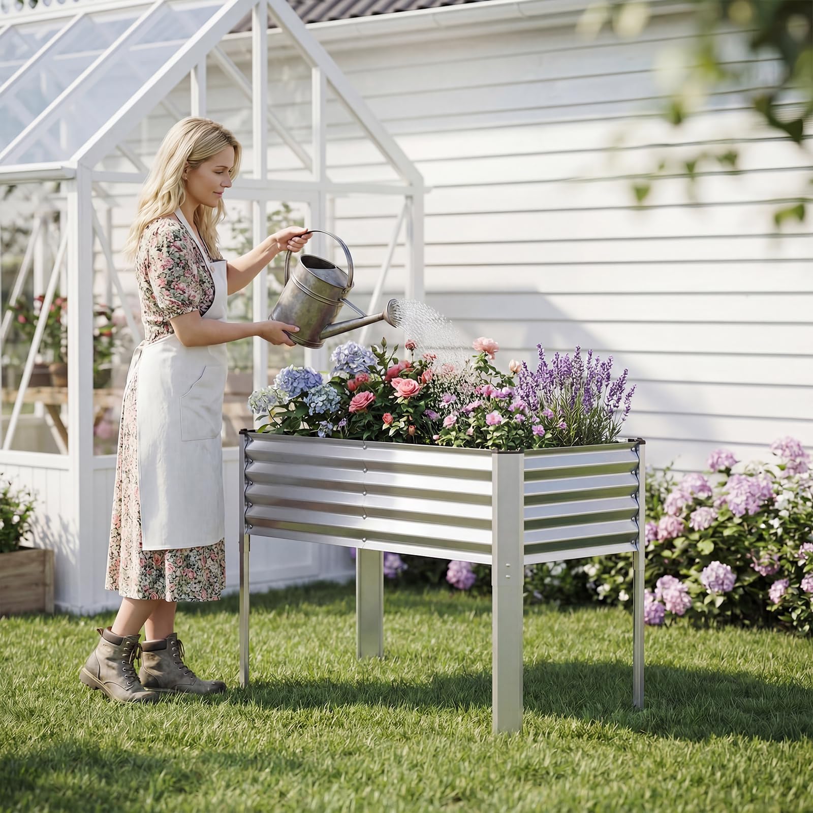 FANTASK Jardinière surélevée en métal - 118 x 60 x 77,5 cm - avec système de Drainage jusqu'à 50 kg - pour légumes, Fruits, Fleurs, Herbes, Balcon, Jardin, terrasse - Argenté