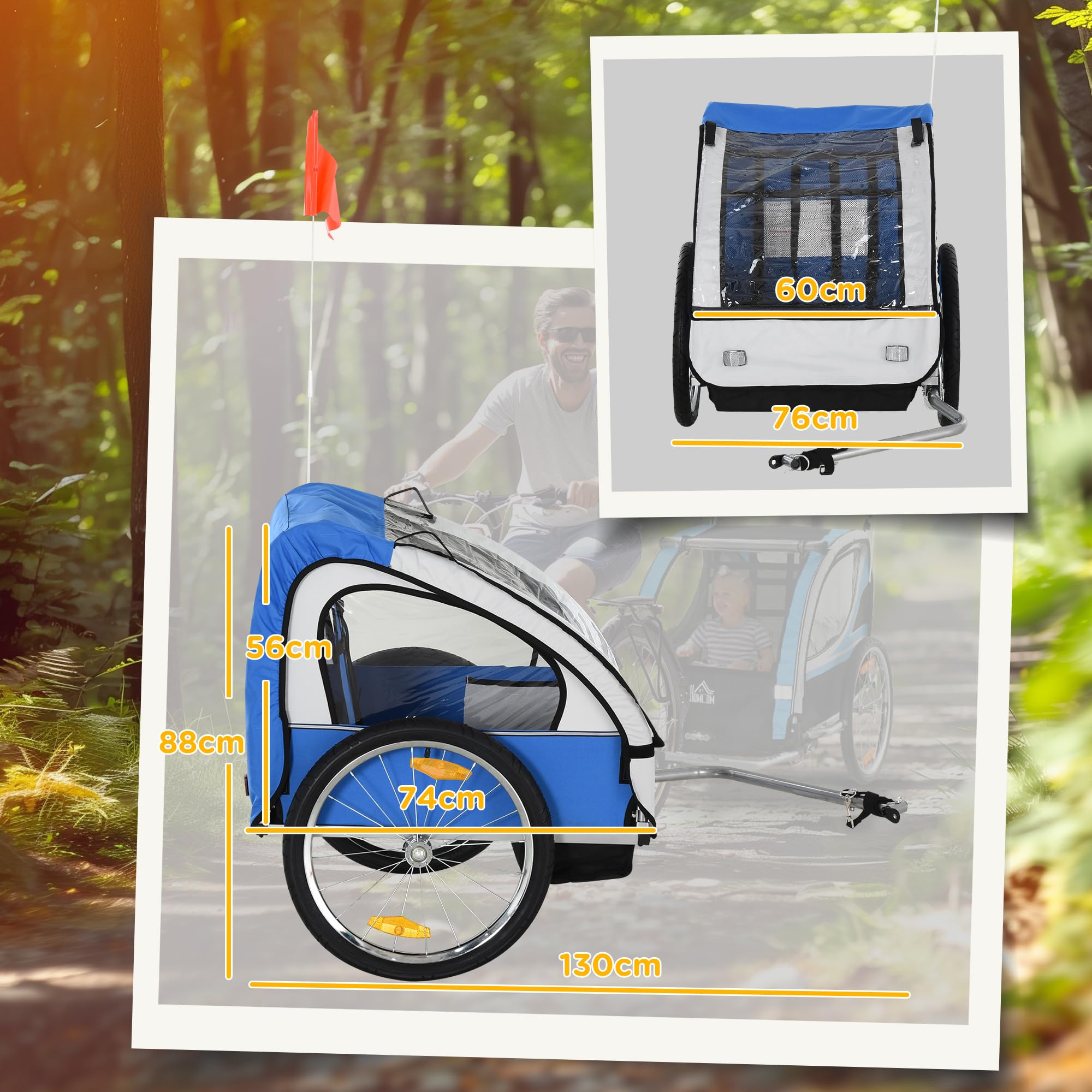 HOMCOM Remorque vélo pour enfants avec 2 sièges, 2 ceintures de sécurité, cadre en acier et housse en tissu Oxford Bleu