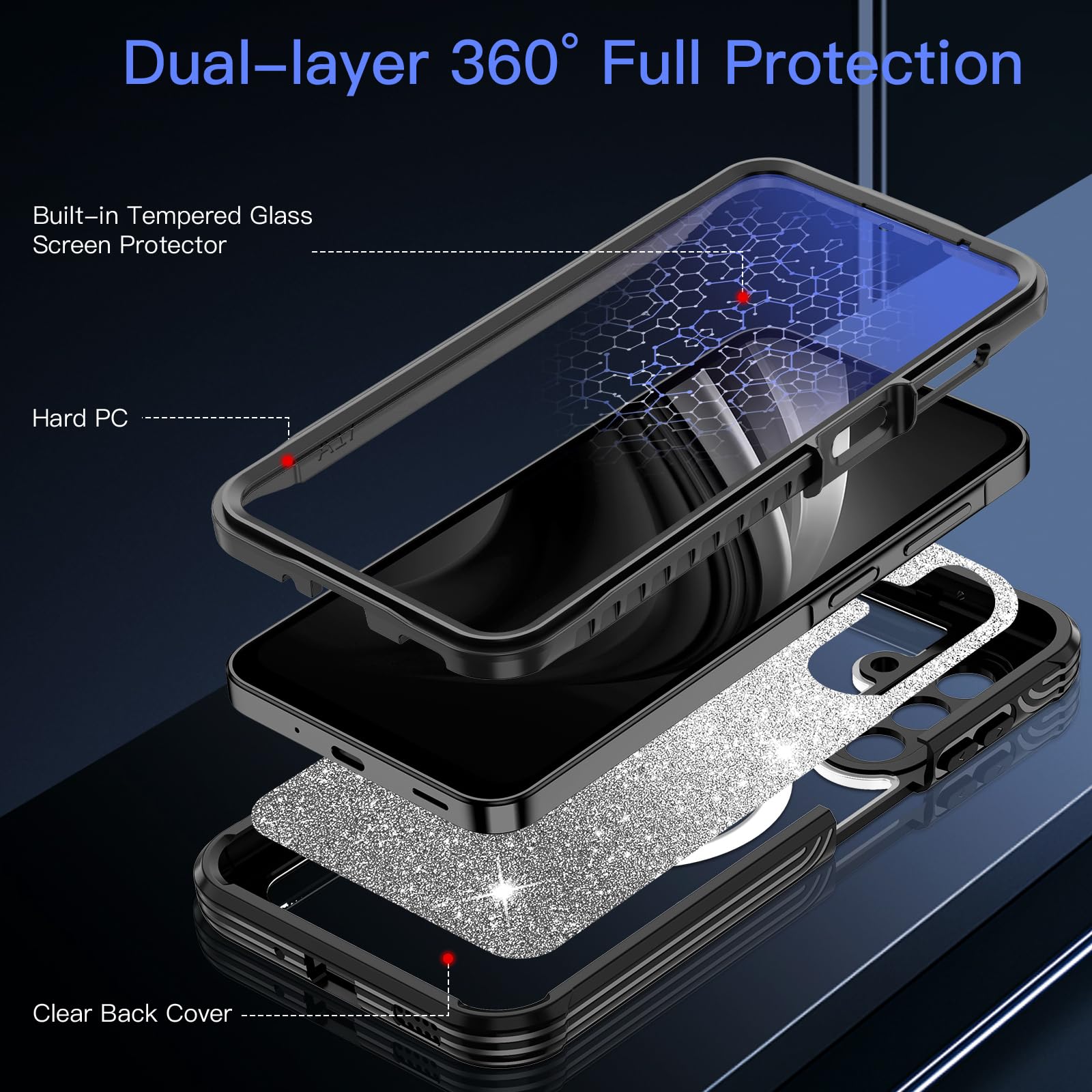 Funda para Galaxy A17 5G, compatible con MagSafe, funda magnética con purpurina integrada con protector de pantalla de vidrio templado 9H, funda protectora a prueba de golpes para Samsung
