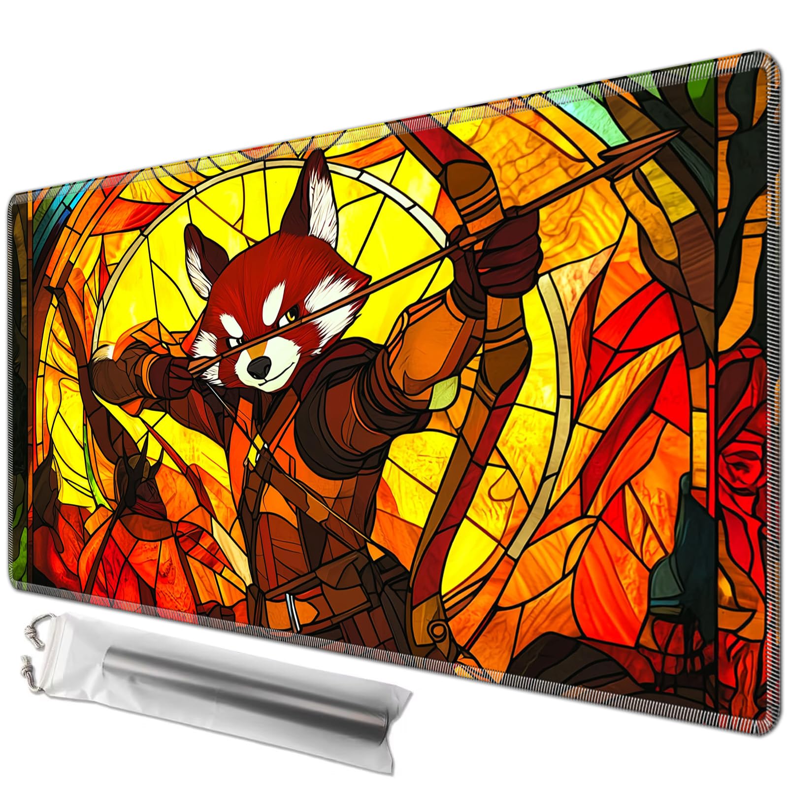 JANENFNA TCG Card Playmat 27.5" x 15.7" with Storage Bags for MTG Game Play Mats, Premium Stitched Non-Slip Rubber Tabletop Magic Play Mats Desk Duel Card Breaking Mats, Archery Raccoon โ image 1