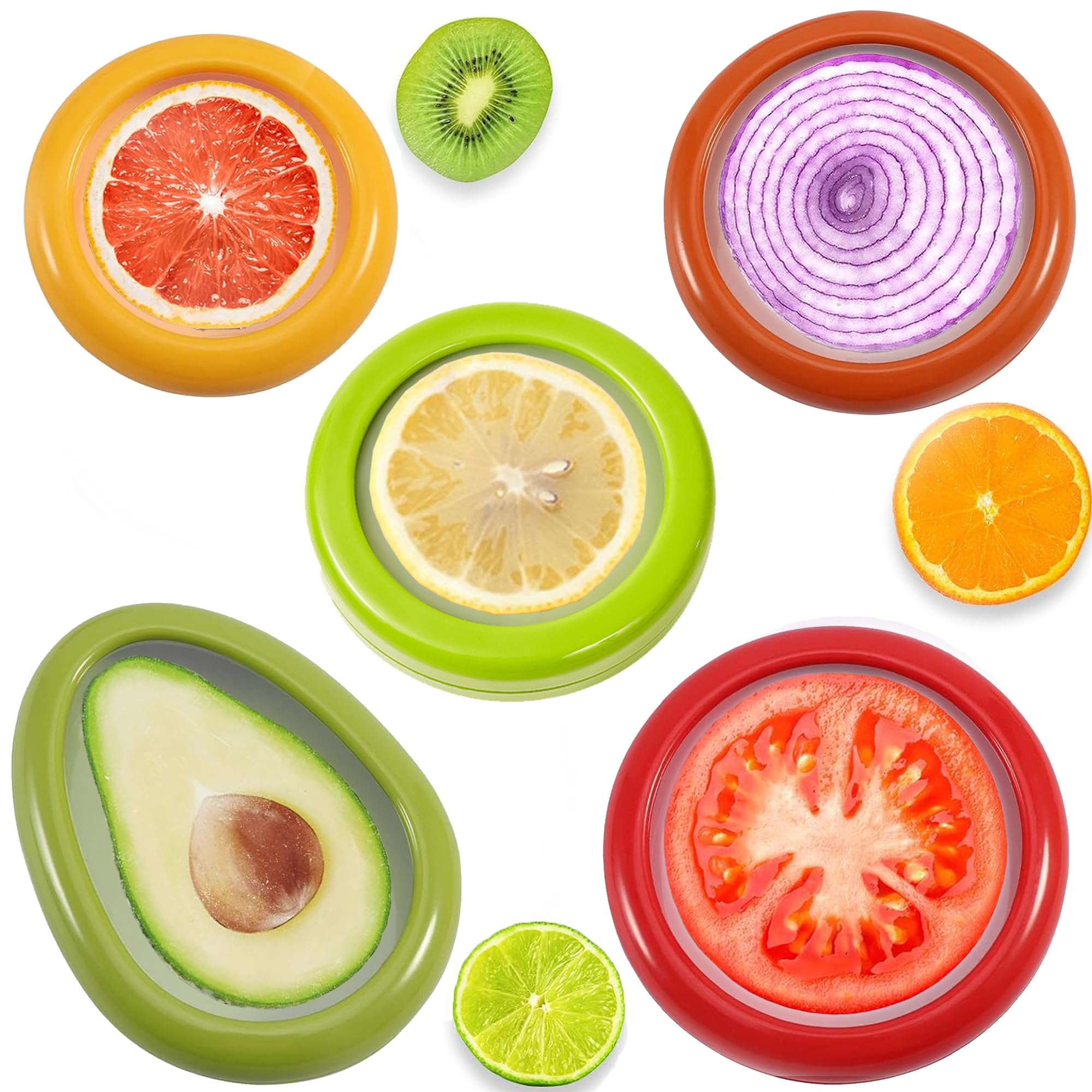 Weesdsio 5 Pcs Avocado Saver and Tomato Holder Set of 5 Reusable Storage Containers for Fridge Silicone Fruit and Vegetable Anti-Oxidation Storage Box Ideal for Garlic, Onions, Lemons, and Potatoes