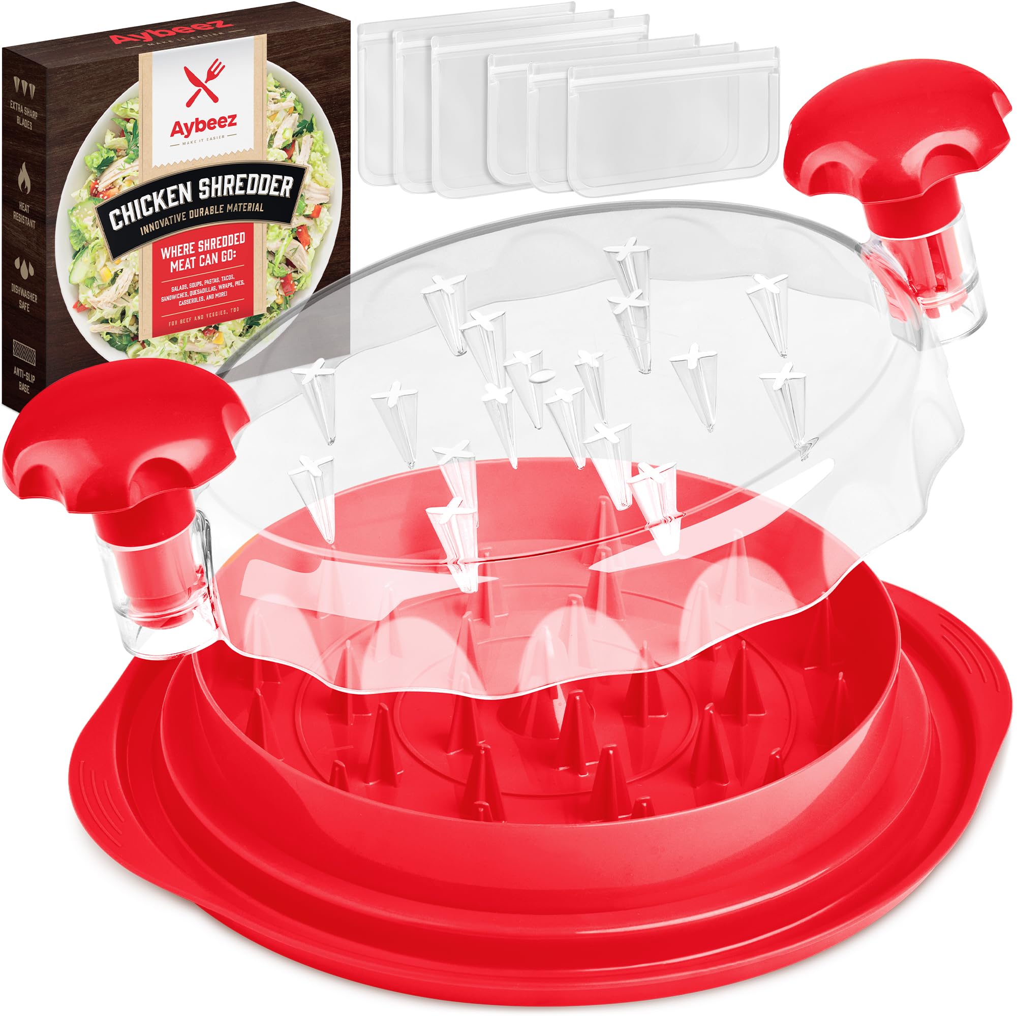 Aybeez Red Chicken Shredder + 6 Freezer Bags | 20 oz | Hardened, Anti-Slip Chicken Shredder Tool Twist with See-Through Lid | Safer-than-Knives Meat Shredder Tool Twist | Dishwashable | Chicken Puller