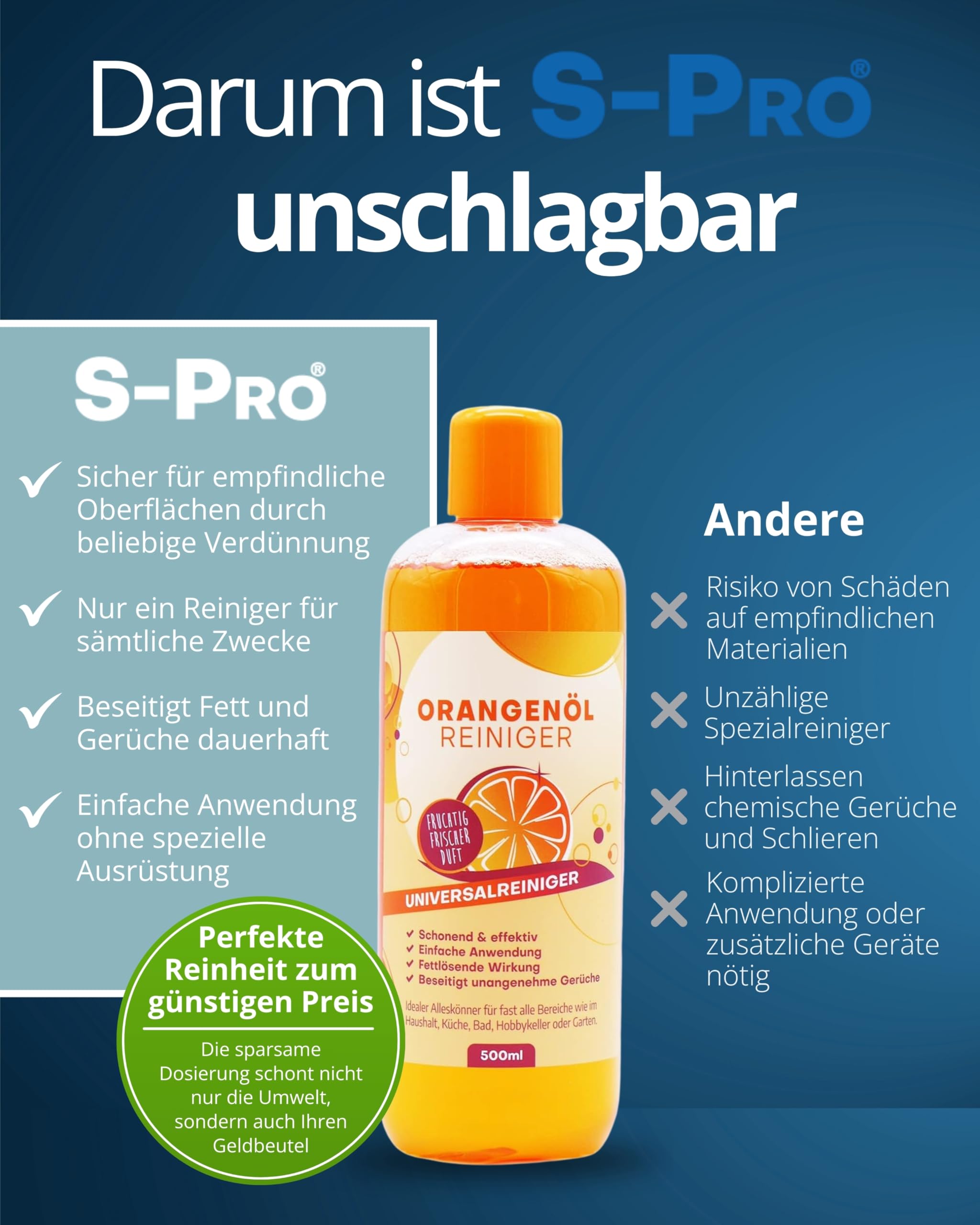 S-Pro - Orangenölreiniger fettlöser Konzentrat 6x500ml Flasche - Schonender Orangenreiniger hochkonzentriert mit frischem Orangenduft - Allzweckreiniger Reinigungsmittel für Haushalt, Küche & Bad