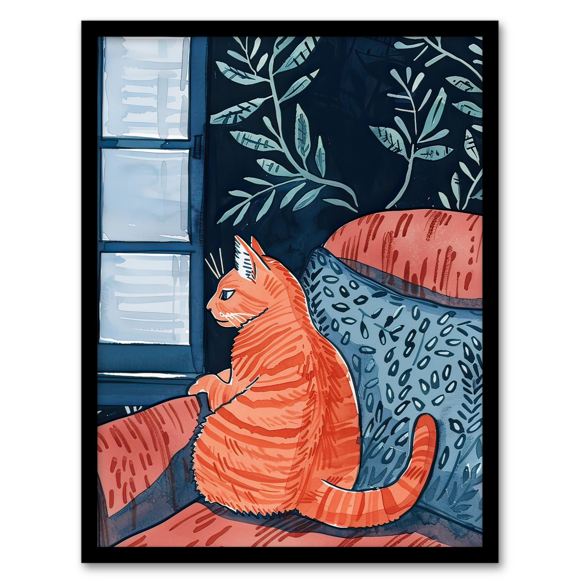 Artery8 Moggie Cat Lover Alone Time Melancholy Painting Living Room Artwork Framed Wall Art Print A4