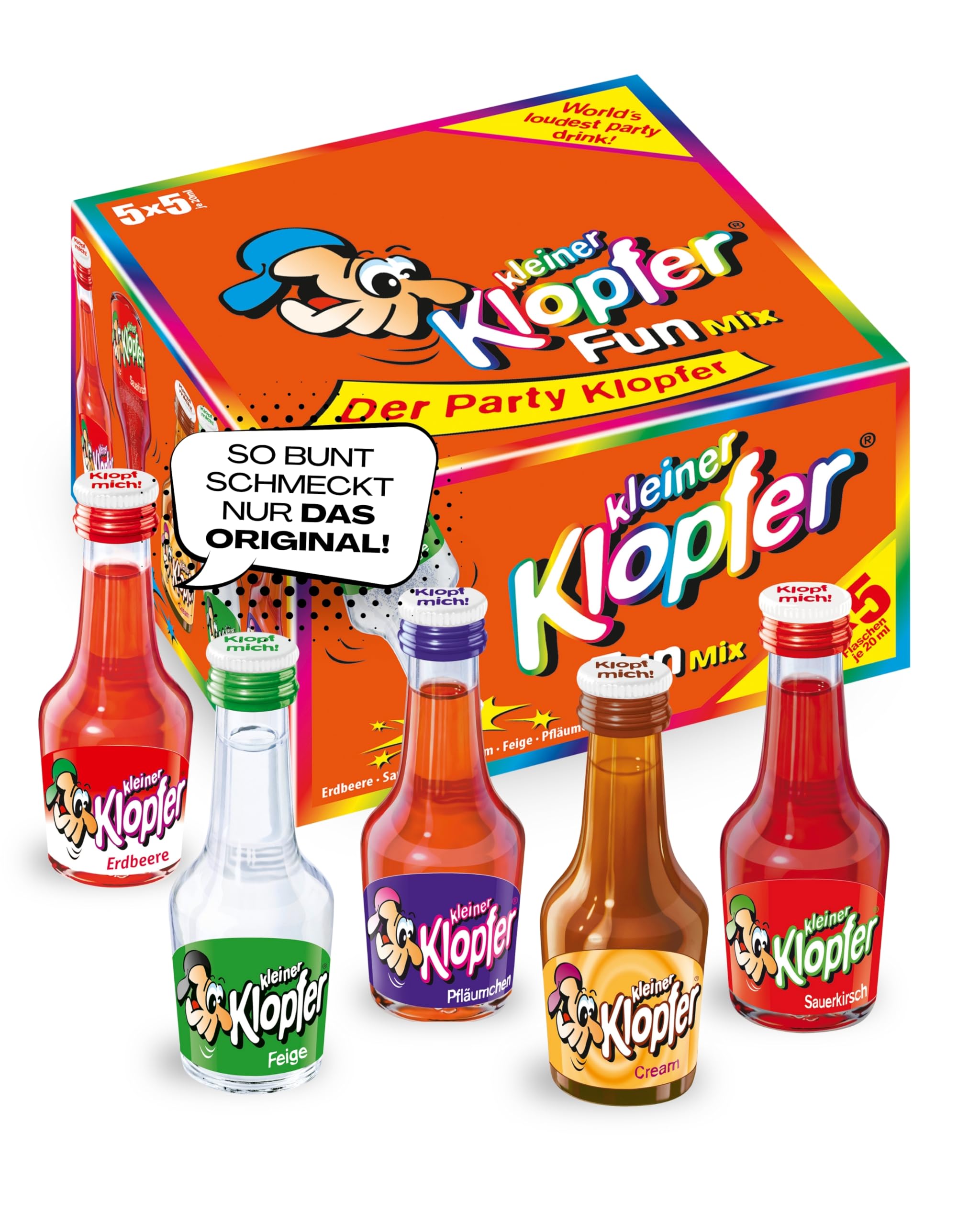 Kleiner Klopfer Fun Mix I 25 Mini Liköre à 20 ml I 5 beliebte Sorten Erdbeere, Sauerkirsch, Cream, Feige & Pfläumchen I Likör-Mix für Feiern, Geburtstag & Karneval