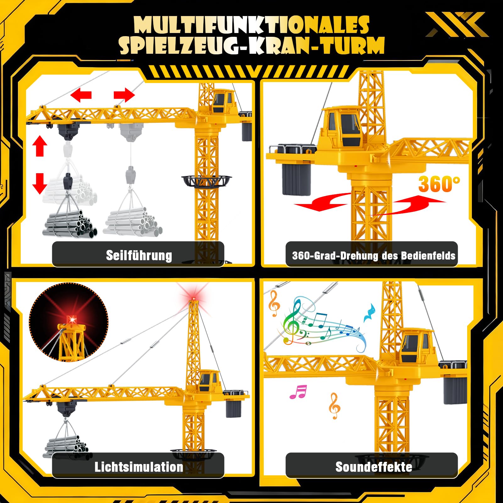 HILKKET Gru a Torre Telecomandata 138 cm, RC Gru a Torre, 2,4 Hz, 6 Canali Grue Telecommandée, Crane De Chantier Enfant con RC Dumper, Luci, Suono Grue Radiocomandata pour Enfants