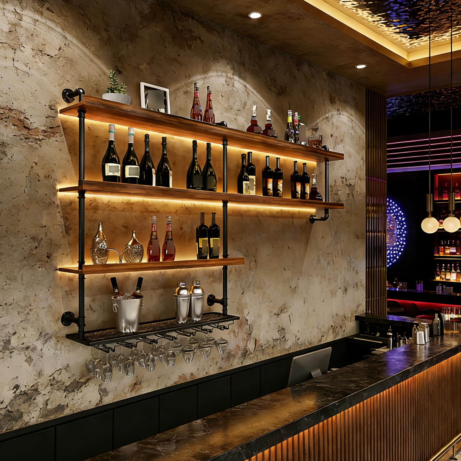 Casier à Vin Mural en Bois Massif, Porte-Bouteilles Muraux Industriels avec Lumière LED, Étagère à vin Murale vec Porte-Verre pour Cuisine Bar Salle (100 cm)