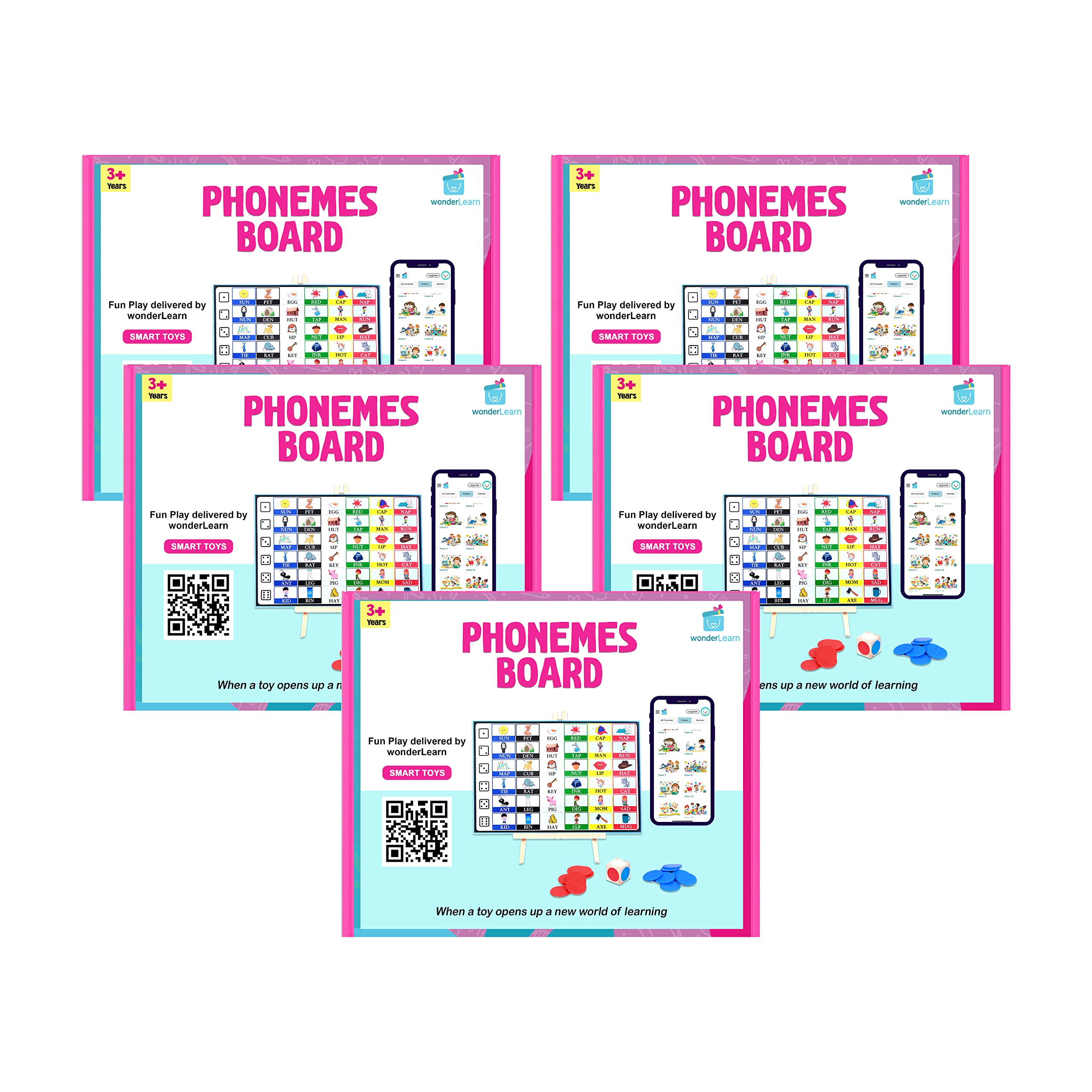 Wonderhood Wooden Phonemes Board Game for 3+ Year Old Boy/Girl/Toddler/Child/Kids- Fun English Learning, Letters, Sound, Word Combination Educational Toy (3-6 Years Children) Pack of 5