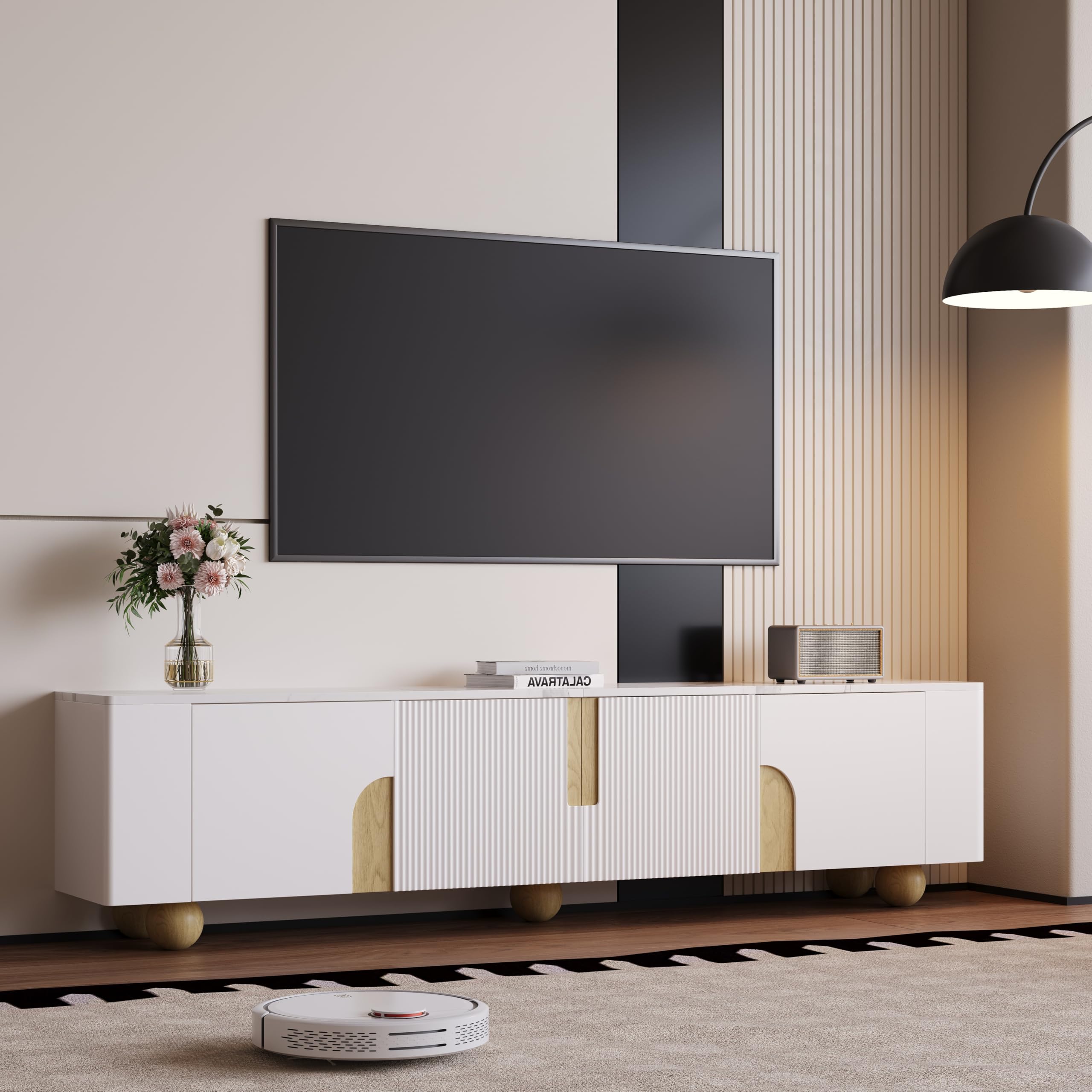 Mobile TV da 180 cm, bianco con 4 ante, design elegante, panchine per TV in superficie effetto marmo, piedini sferici in legno per soggiorno