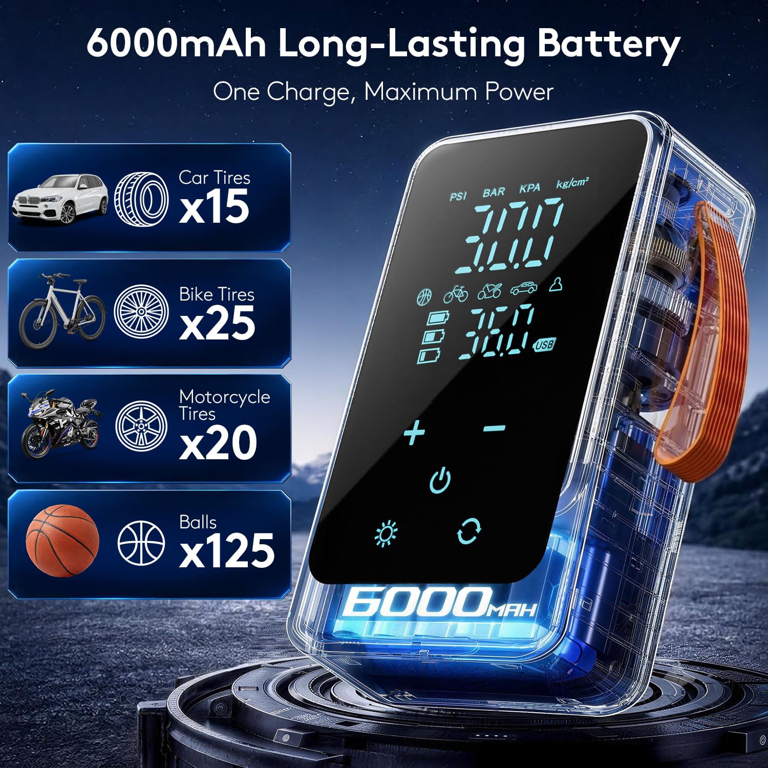 Pruk Compressore d'aria portatile senza fili, 150 psi, pompa digitale per pneumatici con batteria da 6000 mAh, luce di emergenza a LED, spegnimento automatico, pompa ad aria per auto, moto, bici