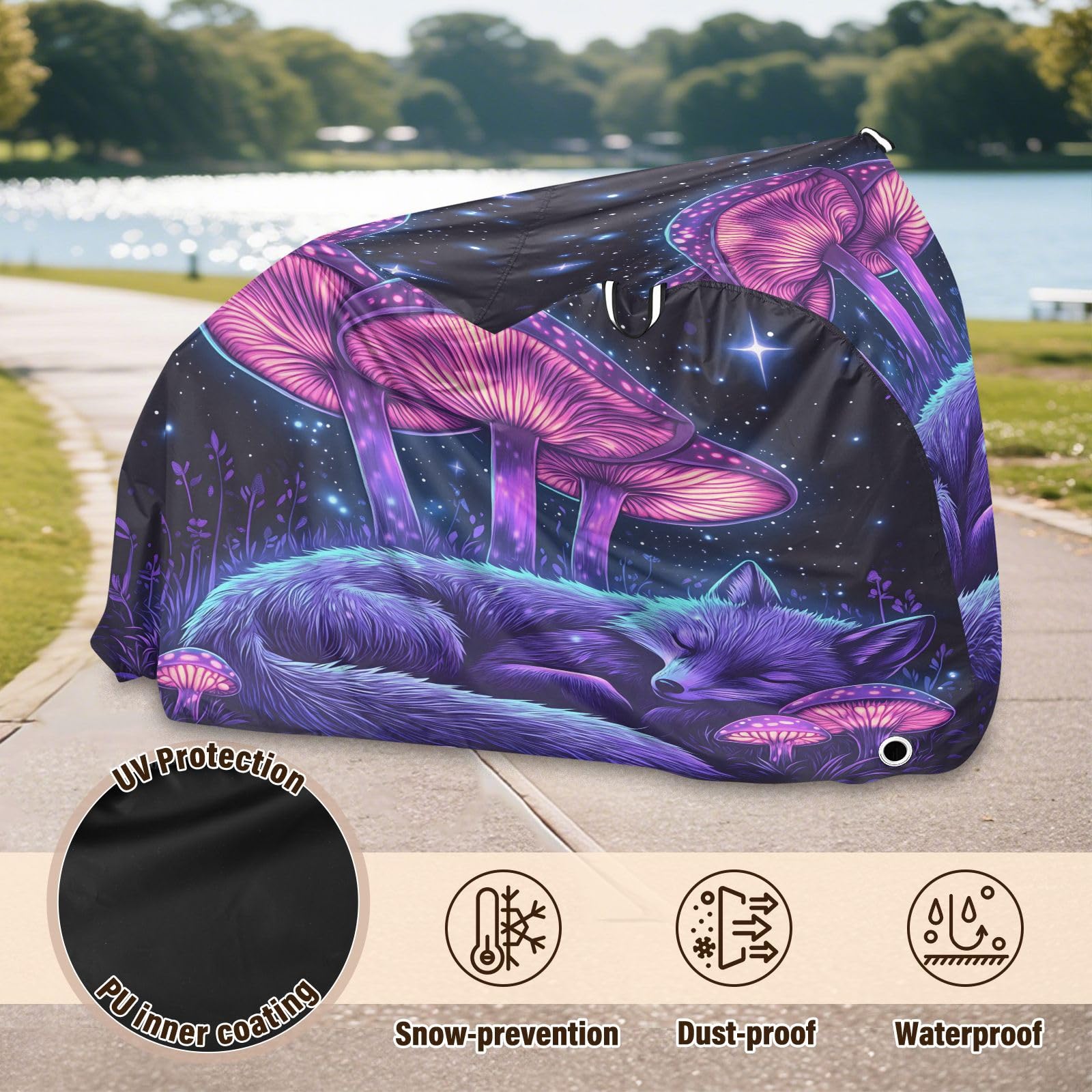 Pokrowiec na rower, wodoodporny, outdoorowy, rowerowy, motorower, wytrzymały, wiatroszczelny, ochrona przed słońcem, do roweru górskiego, szosowego, lisa, grzyba, gwiazdy