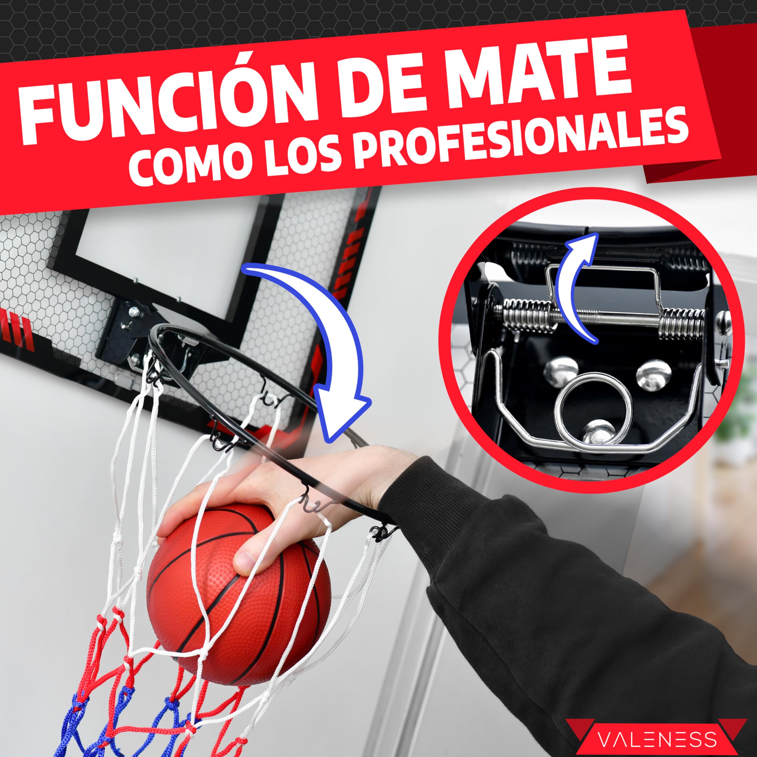 Mini Canasta de Baloncesto Interior [para Puerta & Pared] - Aro de Baloncesto Pequeño con Función de Mate, 4 Pelotas, Bomba & Accesorios de Montaje - para Niños y Adultos