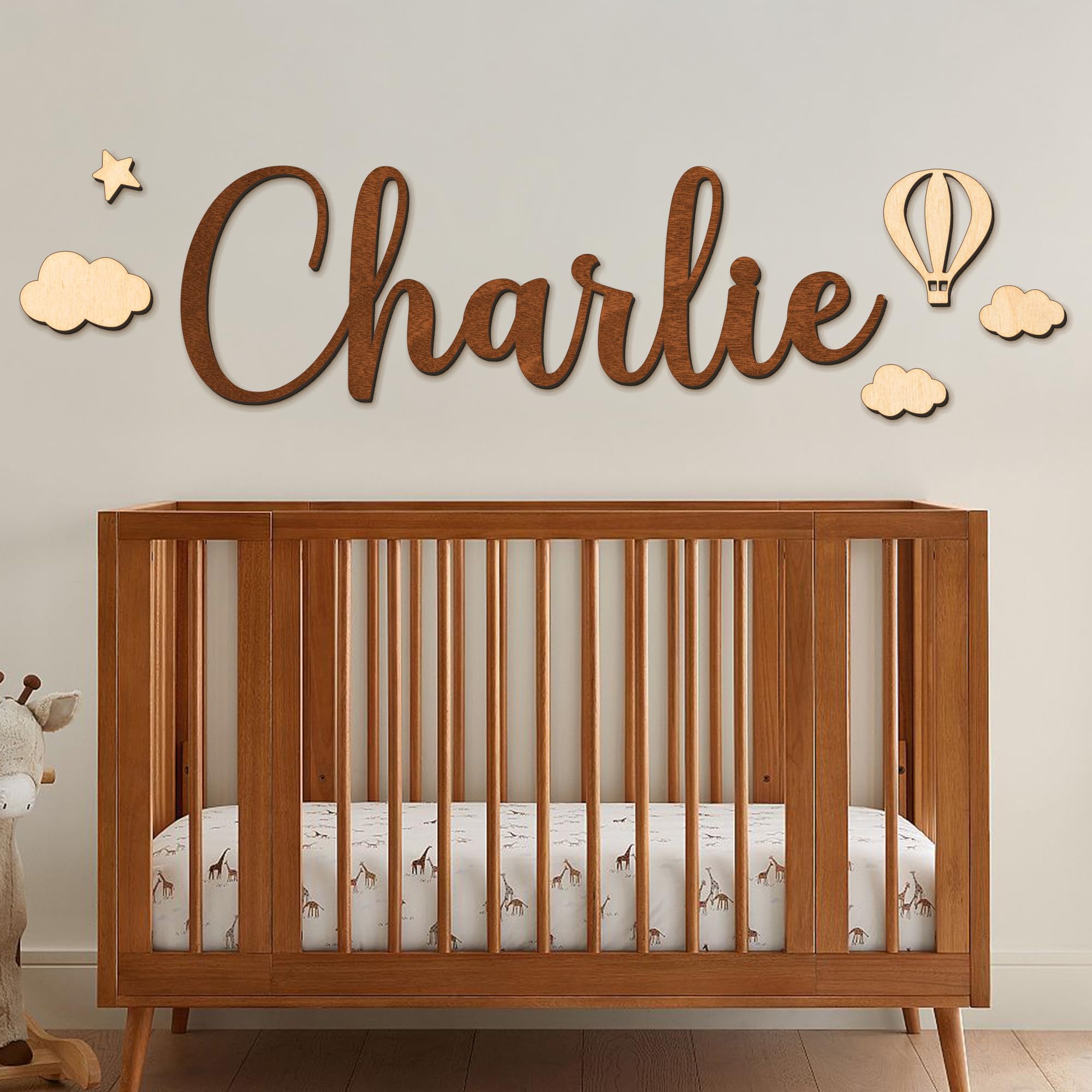 Personalized Wooden Name Sign for Nursery or Kids Room, Custom Baby Name Sign, Baby Shower Gift, Nursery Wall Decor, Includes Themed Wall Stickers