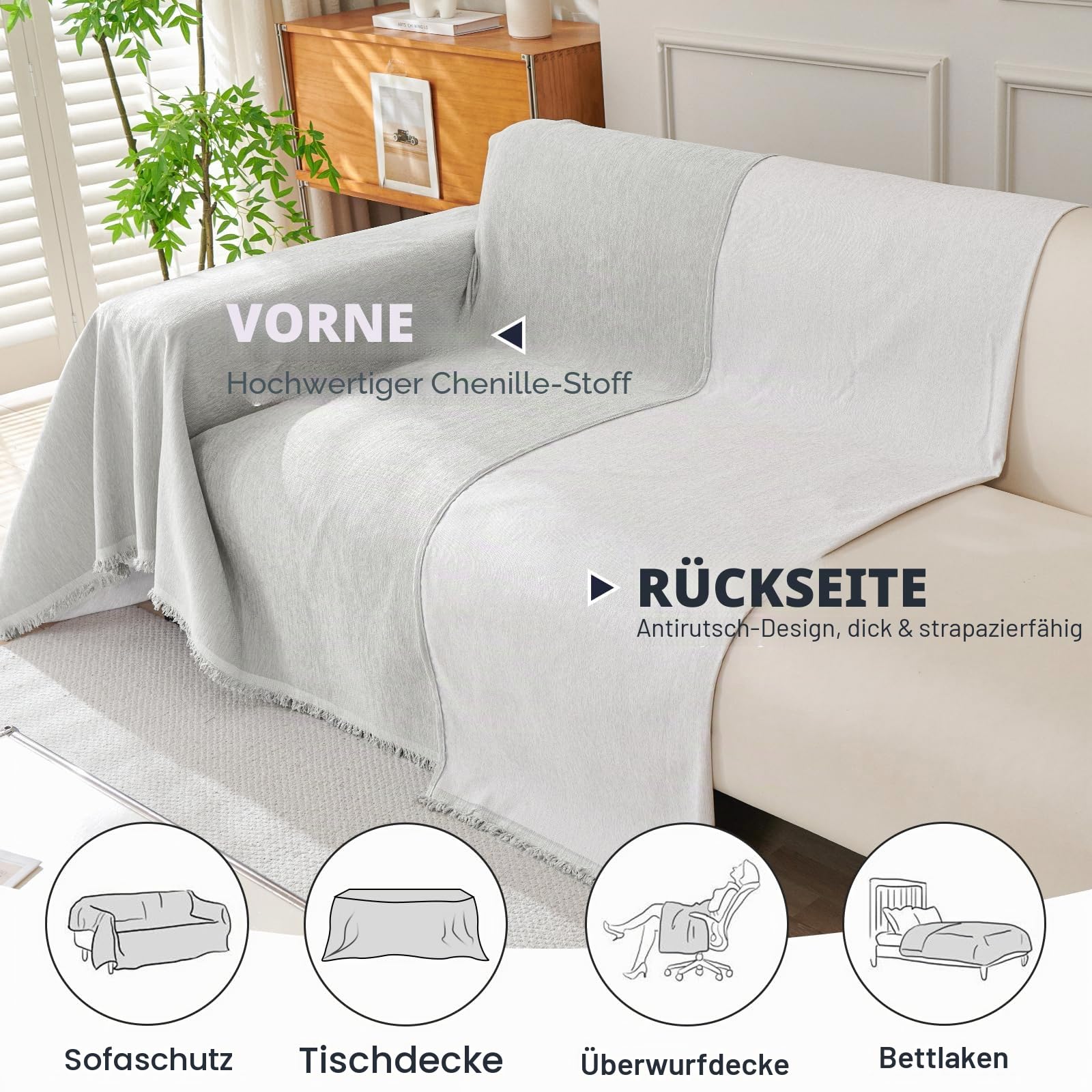 Royhom Sofa Überzug Chenille, Sofabezug L Form, Couch Überzug Ecksofa, Sofaüberwurf 2 Sitzer, Couch Überwurf mit Deko Quasten, Hellgrau Sofa Überwurf(Hellgrau, 180x300cm)