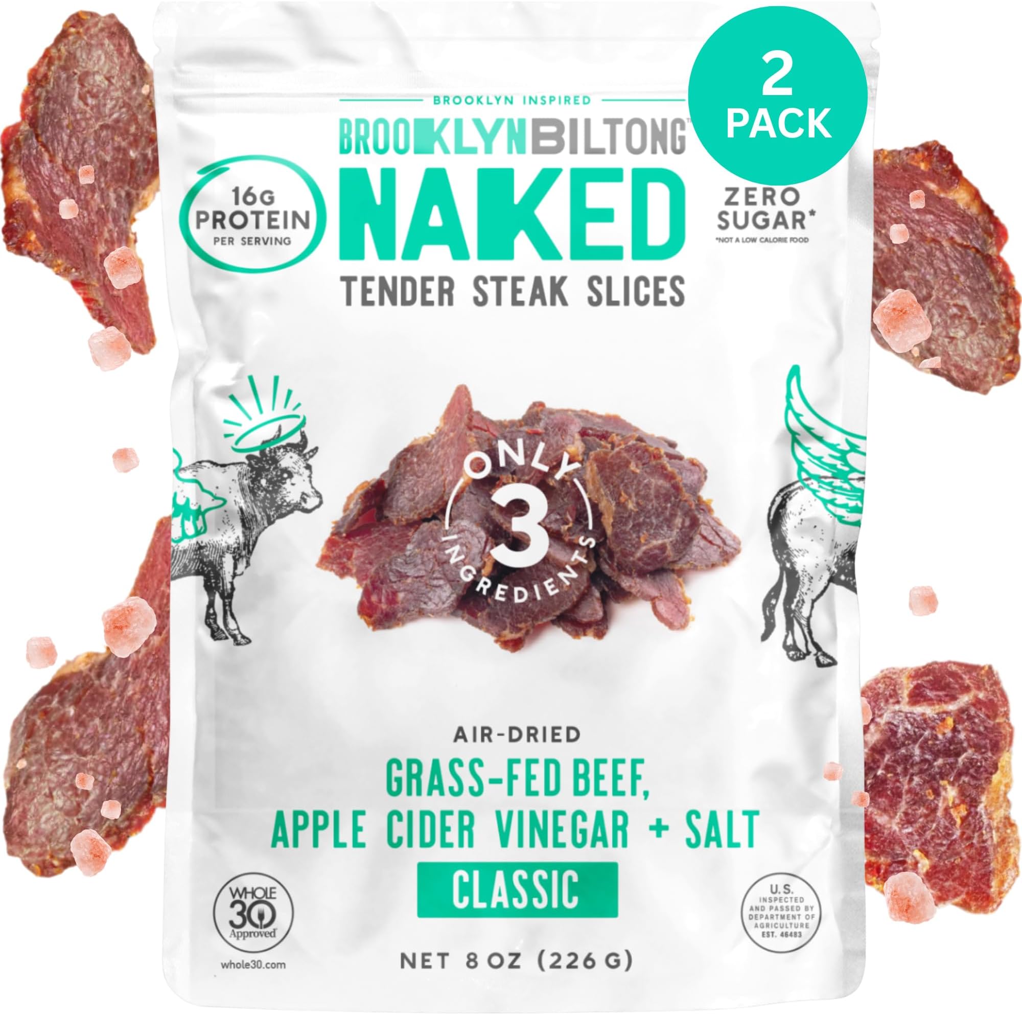 Brooklyn Biltong Naked Tender Slices, Classic (8oz, Pack of 2), Grass Fed Beef Protein Snacks, 32g Grass Fed Protein Per Pack, Beef Jerky Alternative – Sugar and Gluten Free, Paleo Snacks, Whole 30, AIP, Keto Snacks