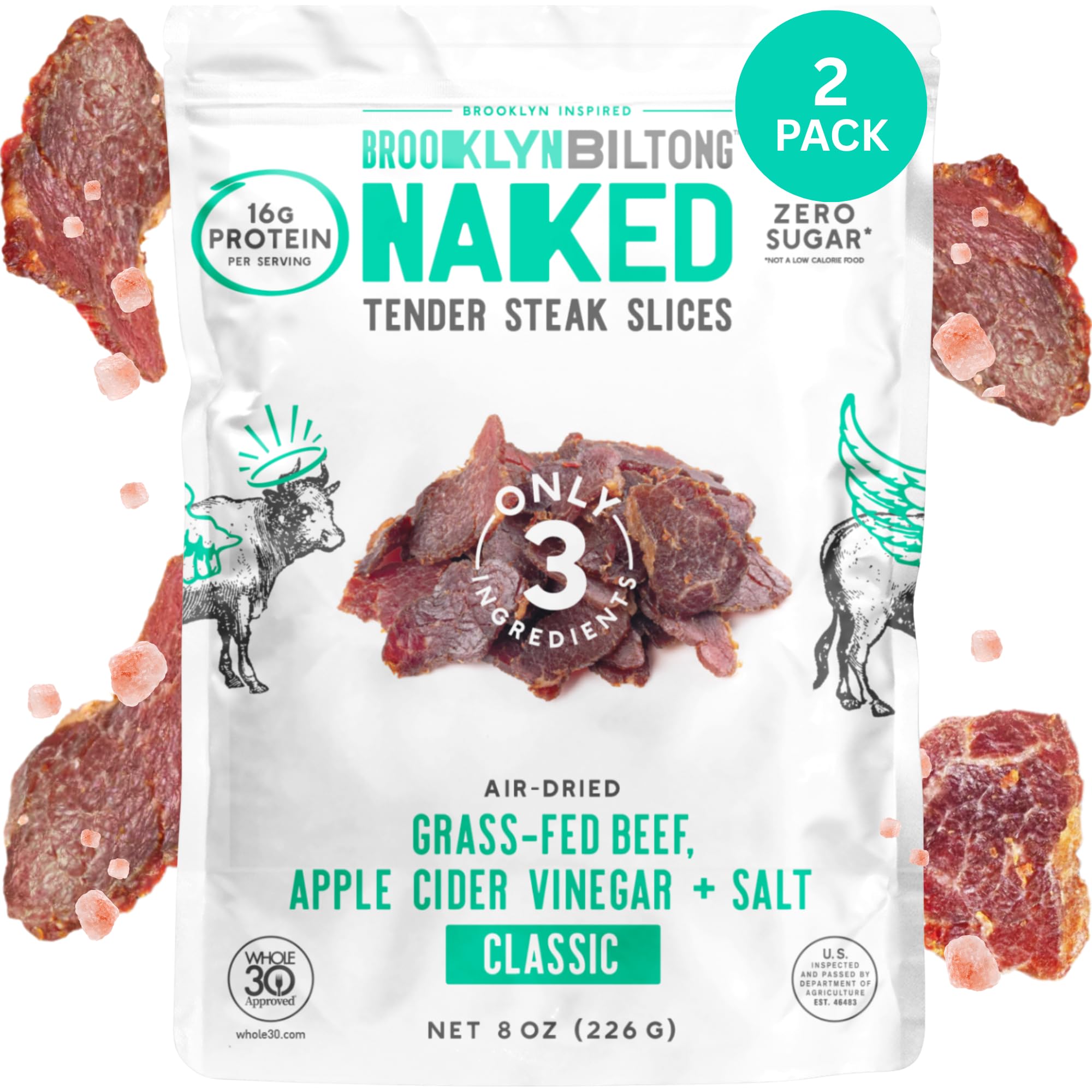 Brooklyn Biltong Naked Tender Slices, Classic (8oz, Pack of 2), Grass Fed Beef Protein Snacks, 32g Grass Fed Protein Per Pack, Beef Jerky Alternative