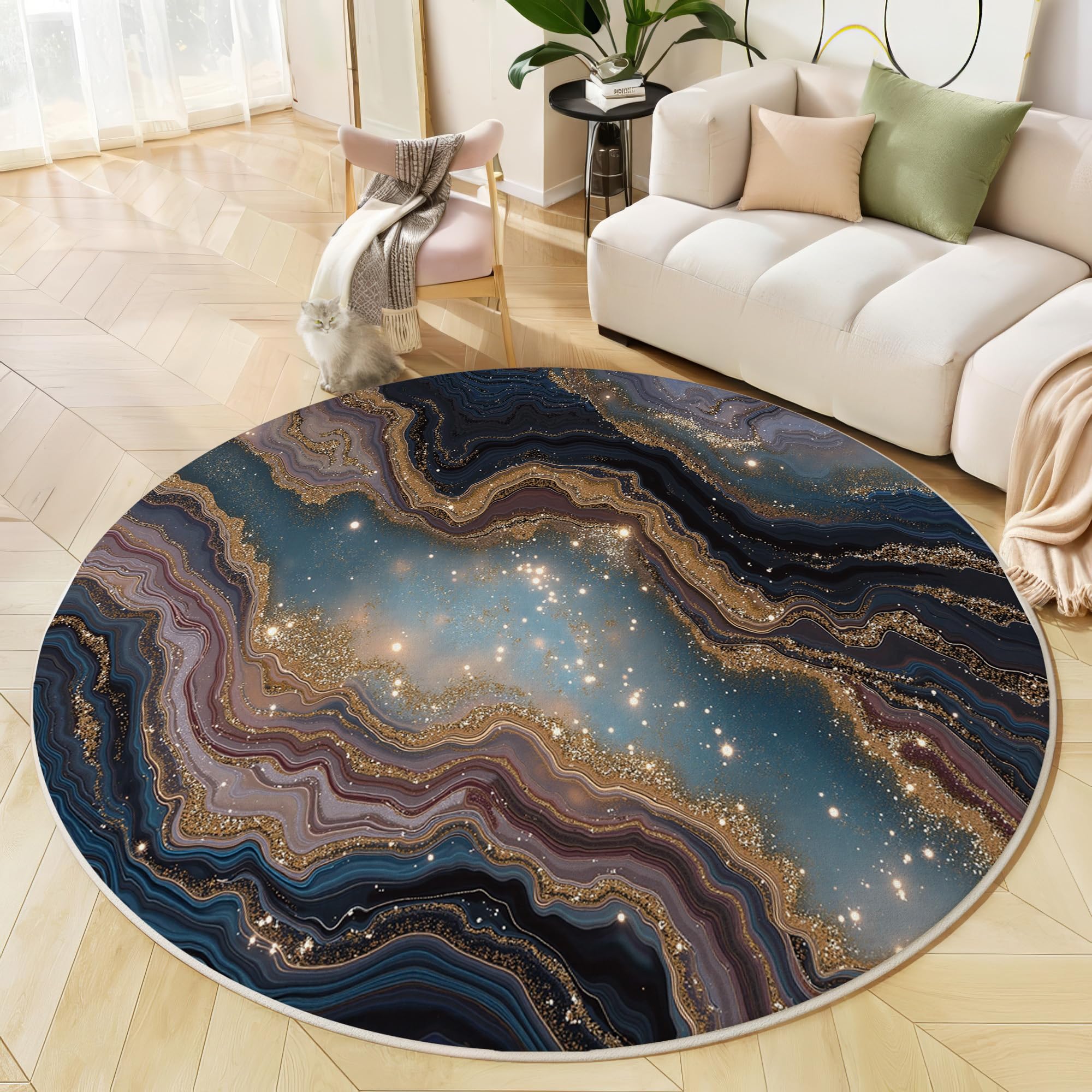 Tapis rond bleu foncé motif agate marbre 80cm lavable