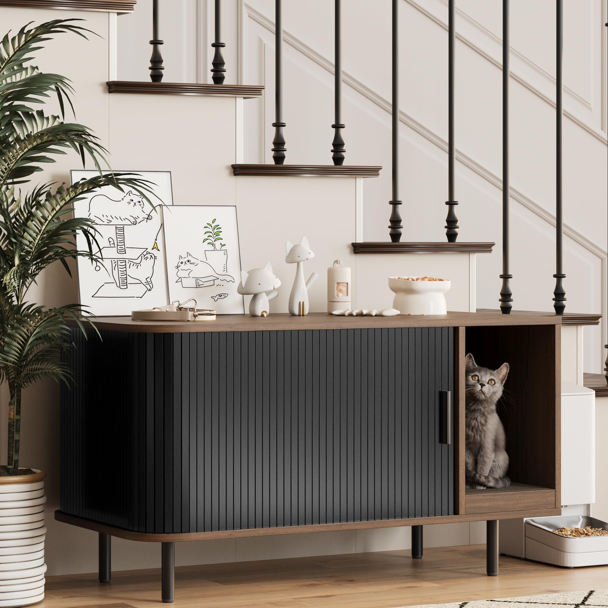 Cat Litter Box Enclosure with Cat Scratch Pad, Sliding Door, 37.4" Litter Box Enclosure Furniture Hidden Litter Box, Modern Indoor Cat House, TV Stand, Side End Table for Living Room, Black