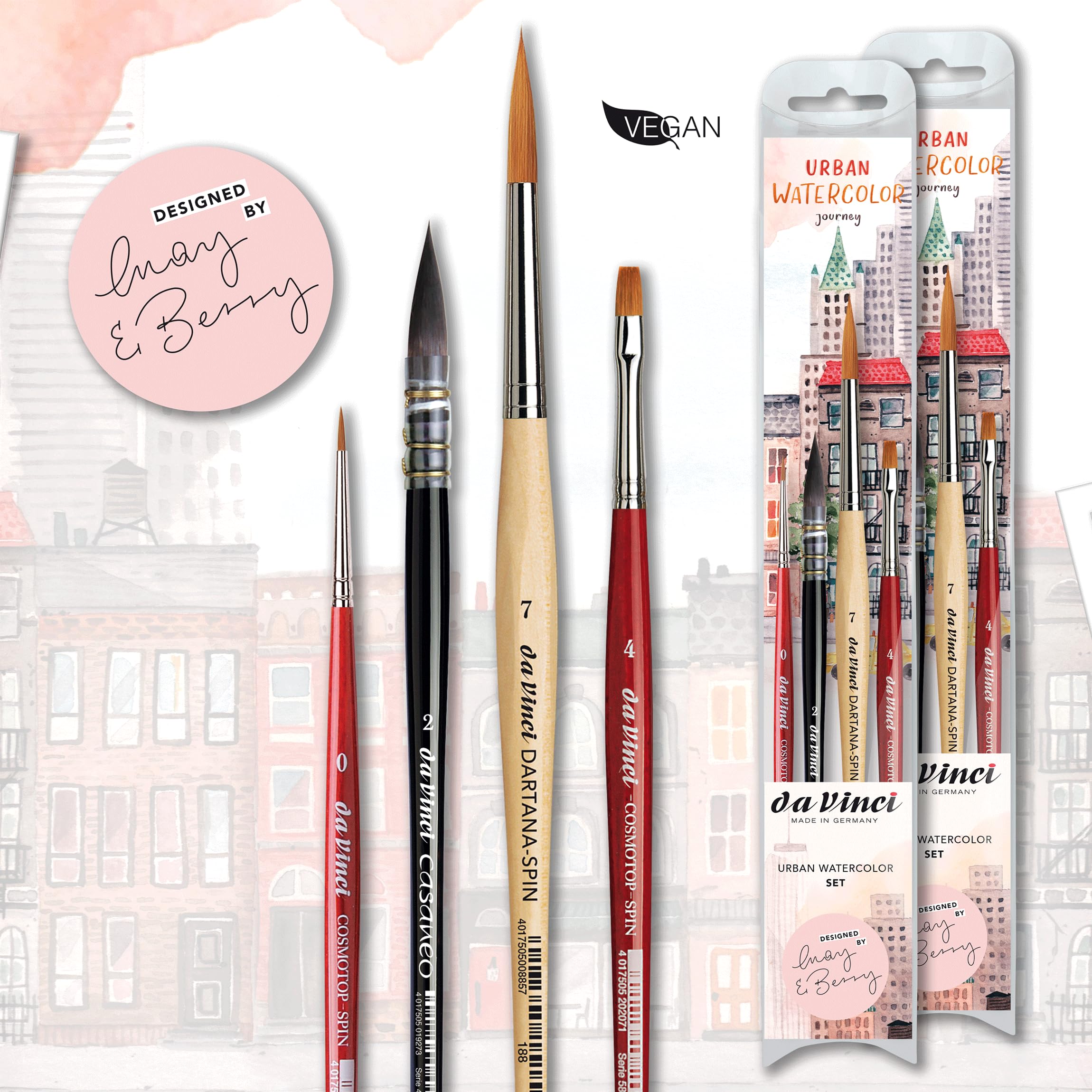 da Vinci, SIGNATURE URBAN WATERCOLOR JOURNEY, Set, May & Berry, Pennelli per acquerello di alta qualità, Per carta, pittura su seta e sfumature, Made in Germany, Misura 7, 2, 0 e 4