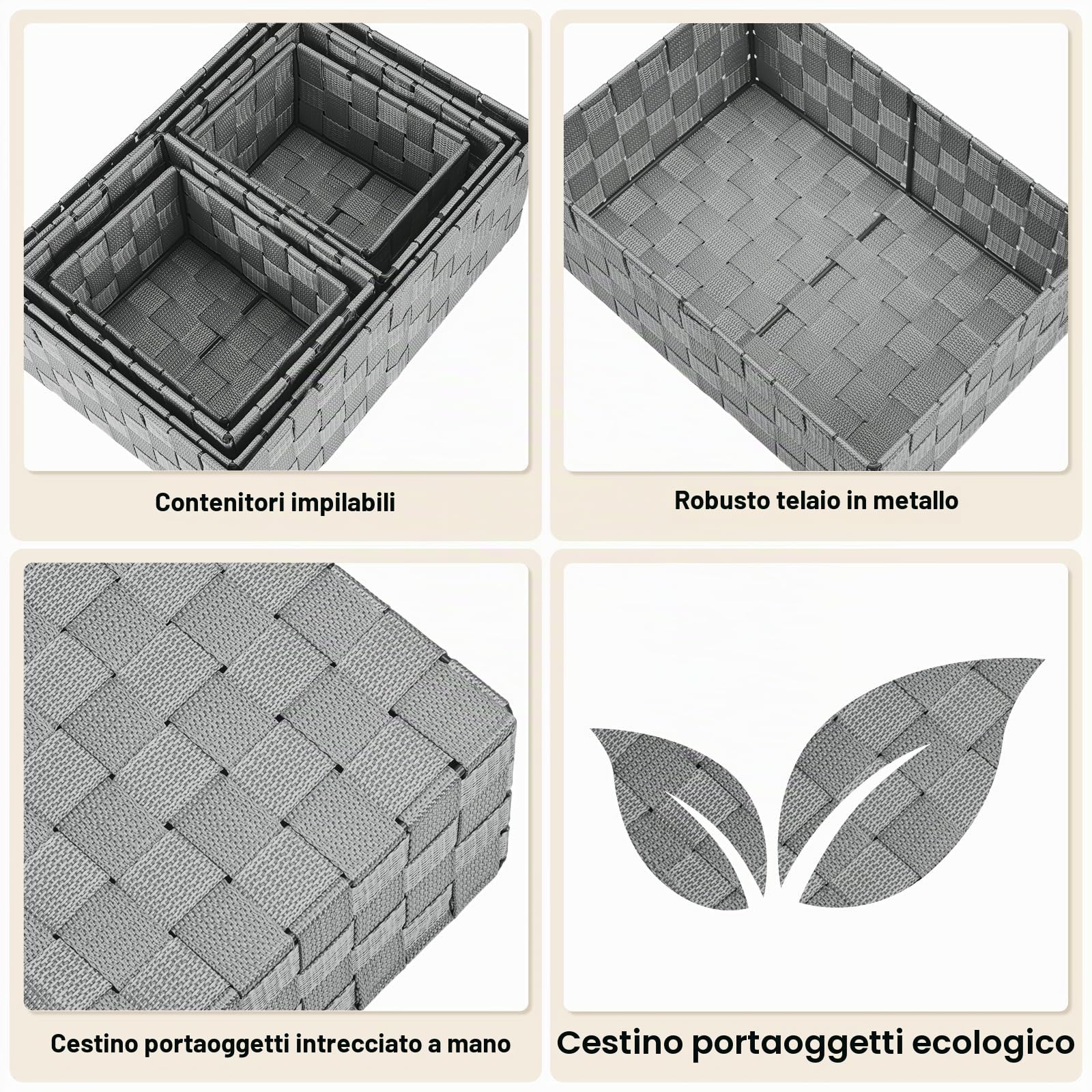 Uvellgift Scatola portaoggetti 34 cm, 5 cestini portaoggetti con coperchio, cestelli e scatole per riporre organizzatori da bagno/camera da letto/cucina/scaffali/cosmetici/carta igienica (grigio)