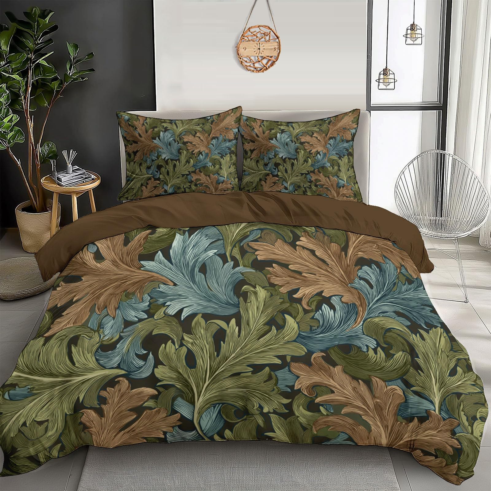 Housse de couette 140x200cm Acanthe lit enfant en microfibre marron vert