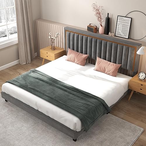 Miniatura 8 de GAOMON Base de cama Queen con cabecera ajustable de terciopelo, plataforma tapizada, tamaño Queen con almacenamiento debajo de la cama, listones de