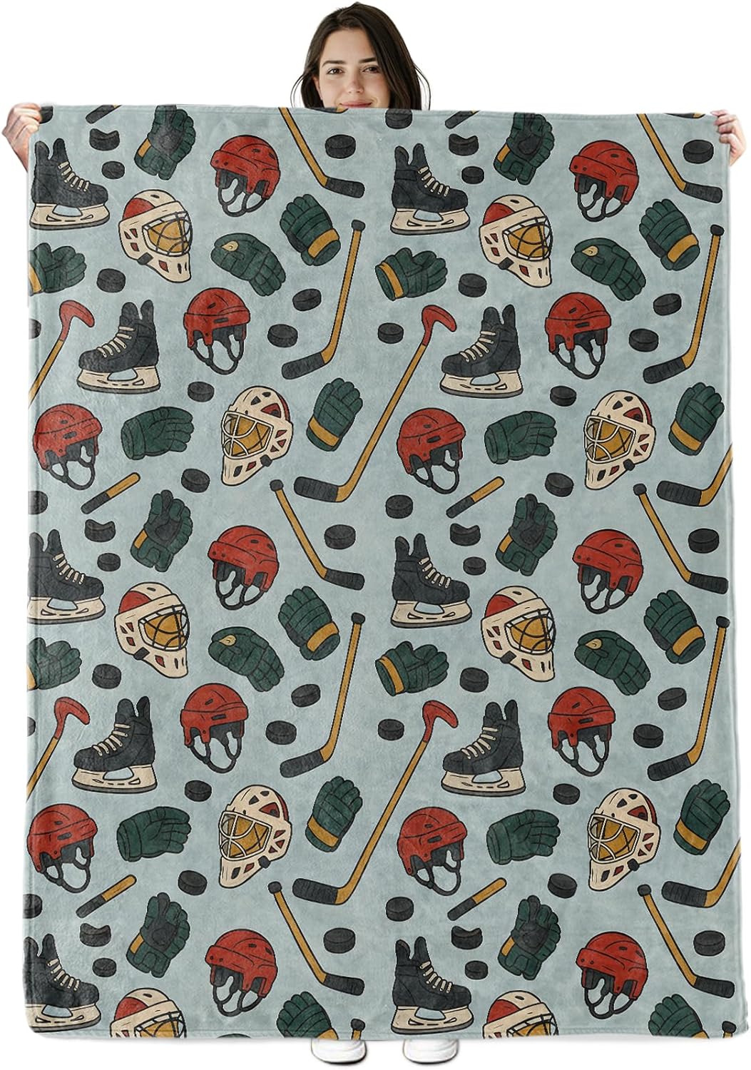 Hockey Sports Blanket Gifts for Boys Girls Kids, Ice Hockey Equipment Warm Soft Flannel Throw Blankets for Bedroom, Travel, Sofa, Room, Birthday Christmas Spring Decor, 50x60 in