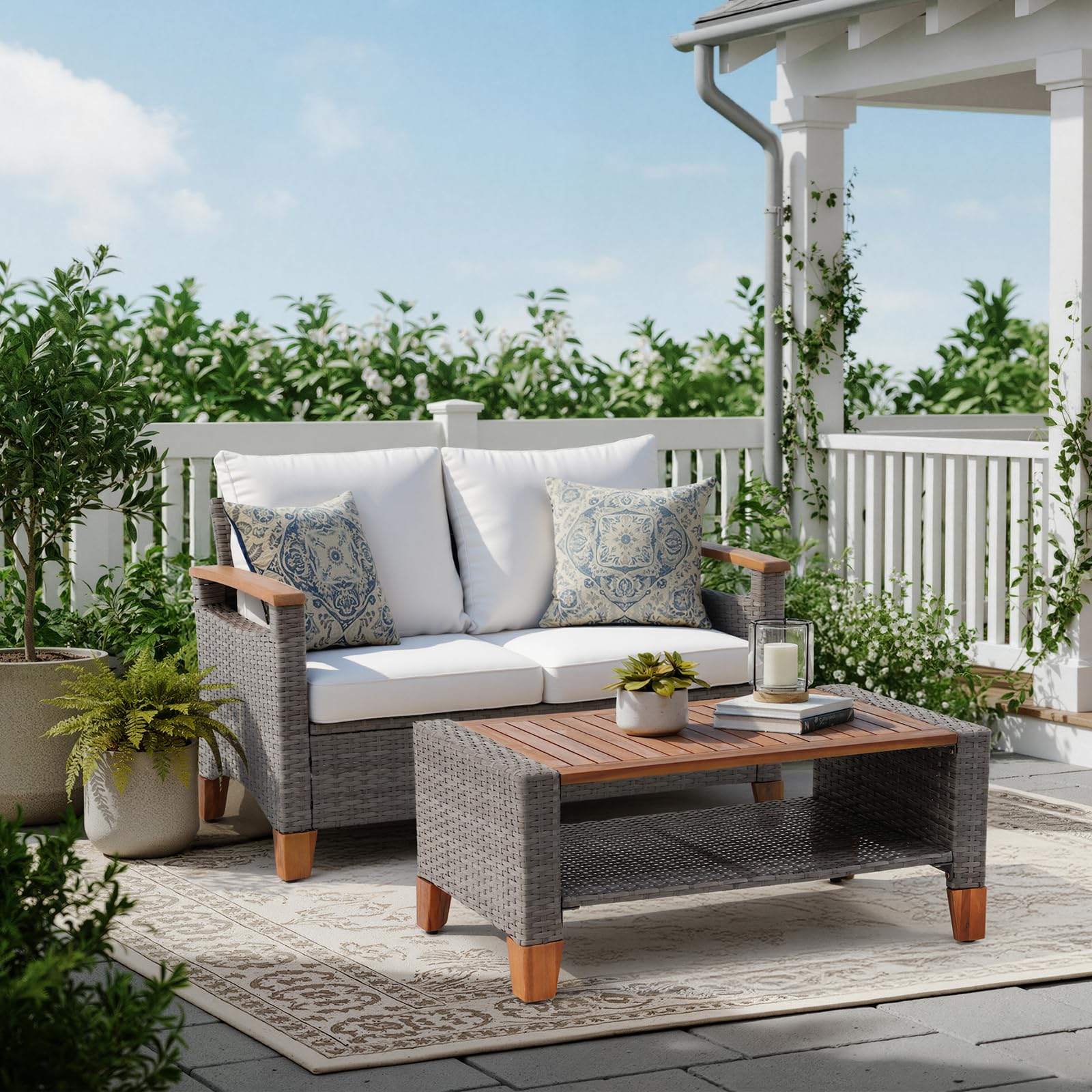 SUNSITT 2-Pieces Outdoor Patio Set, All Weather Wicker Patio Loveseat w/Coffee Table Acacia Wood Top, Outdoor Sofa Set with Thick White Cushion, Grey Wicker